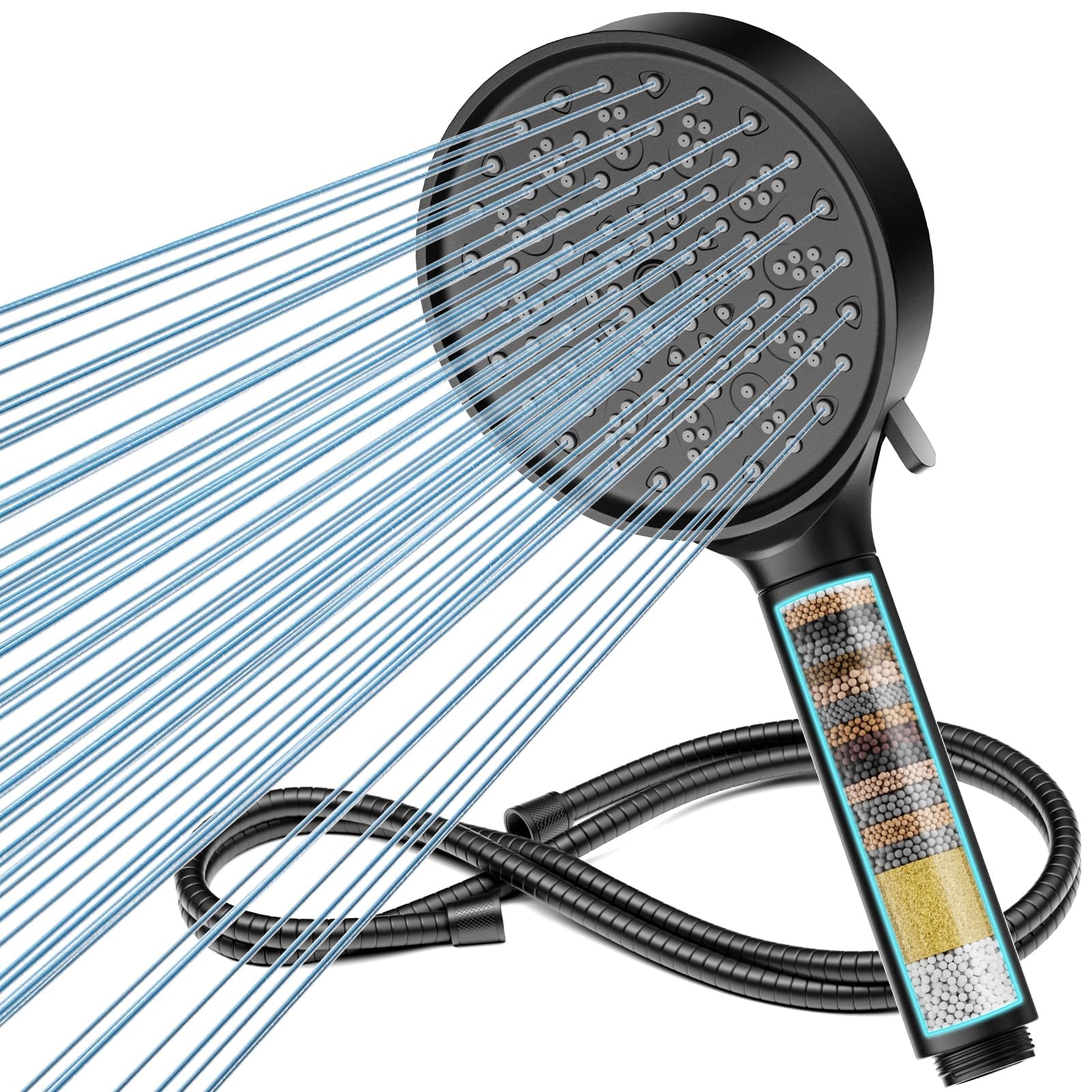 Cobbe Filtered Shower Head with Hose | 6-Spray High Pressure - Black