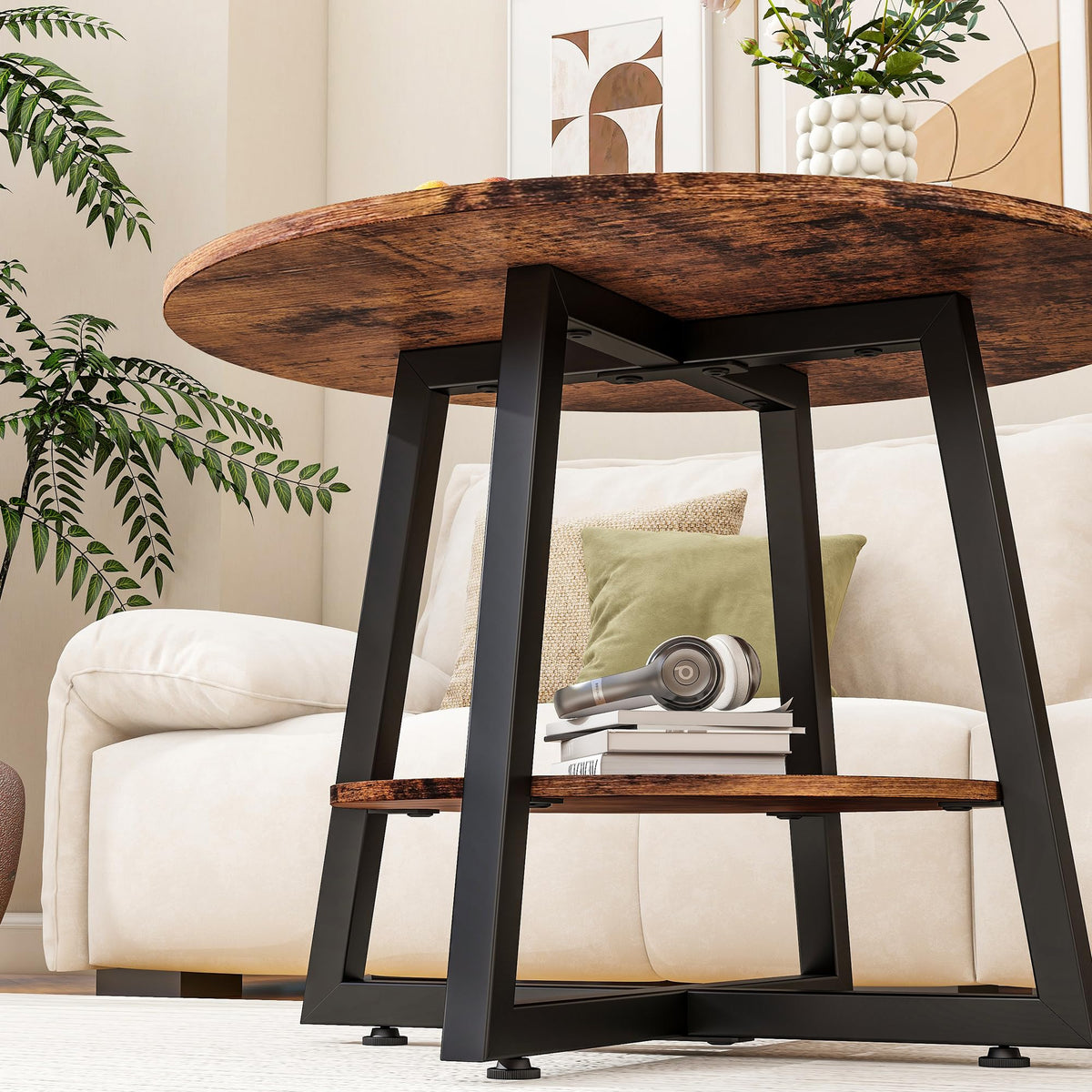 FOUBAM Round Coffee Table with Storage,Metal Small Coffee Table,Brown - image 3