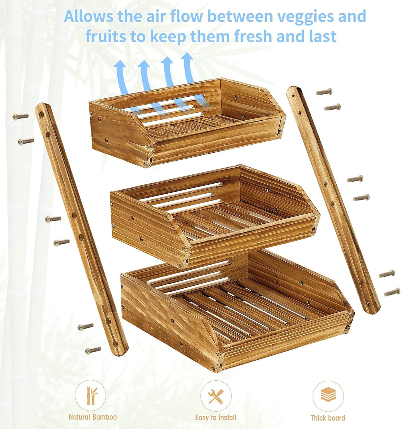 CALM COZY 3-Tier Wooden Fruit Basket – Bamboo Kitchen Vegetable Rack