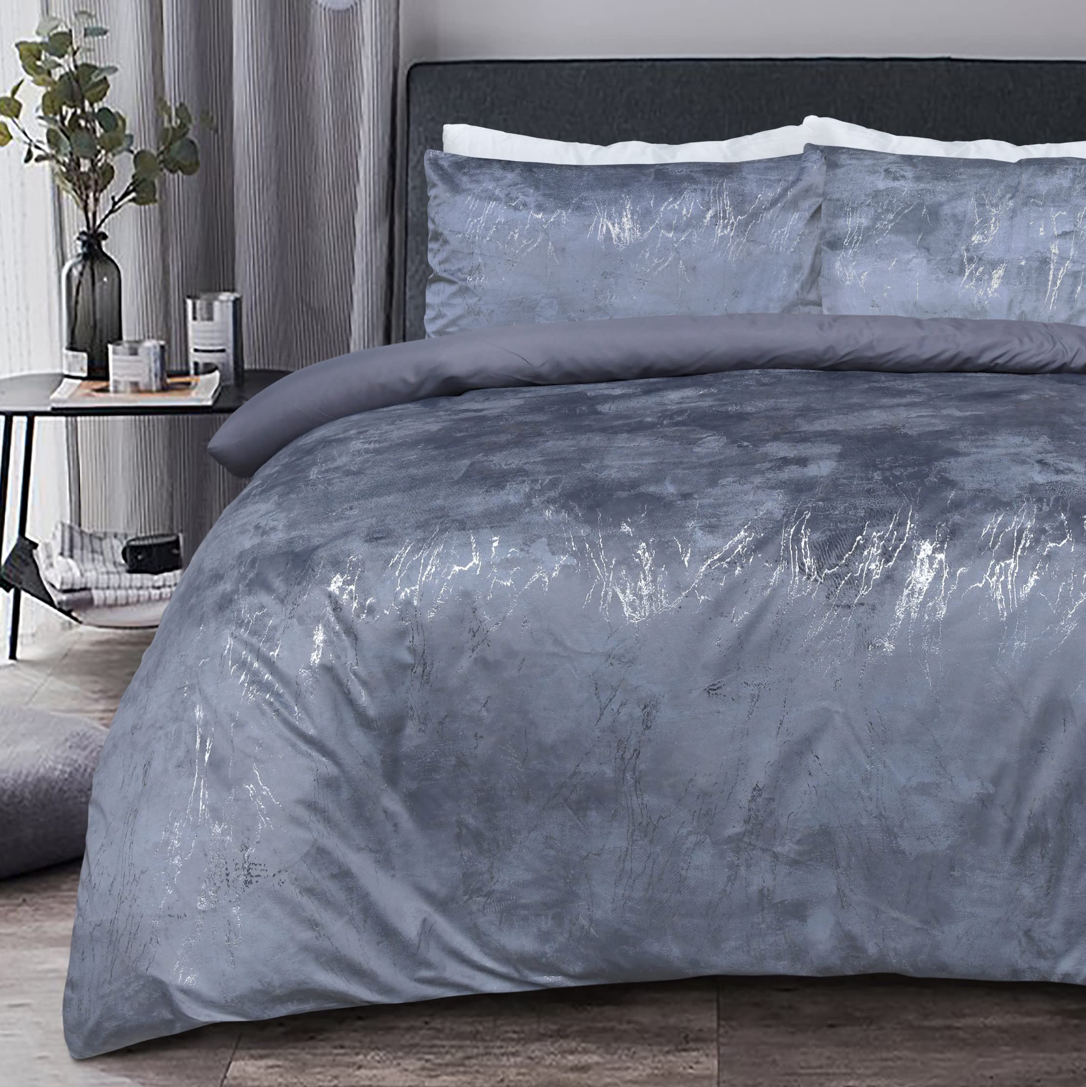 Sleepdown Marble Velvet Metallic Duvet Cover Set - Grey - Super King