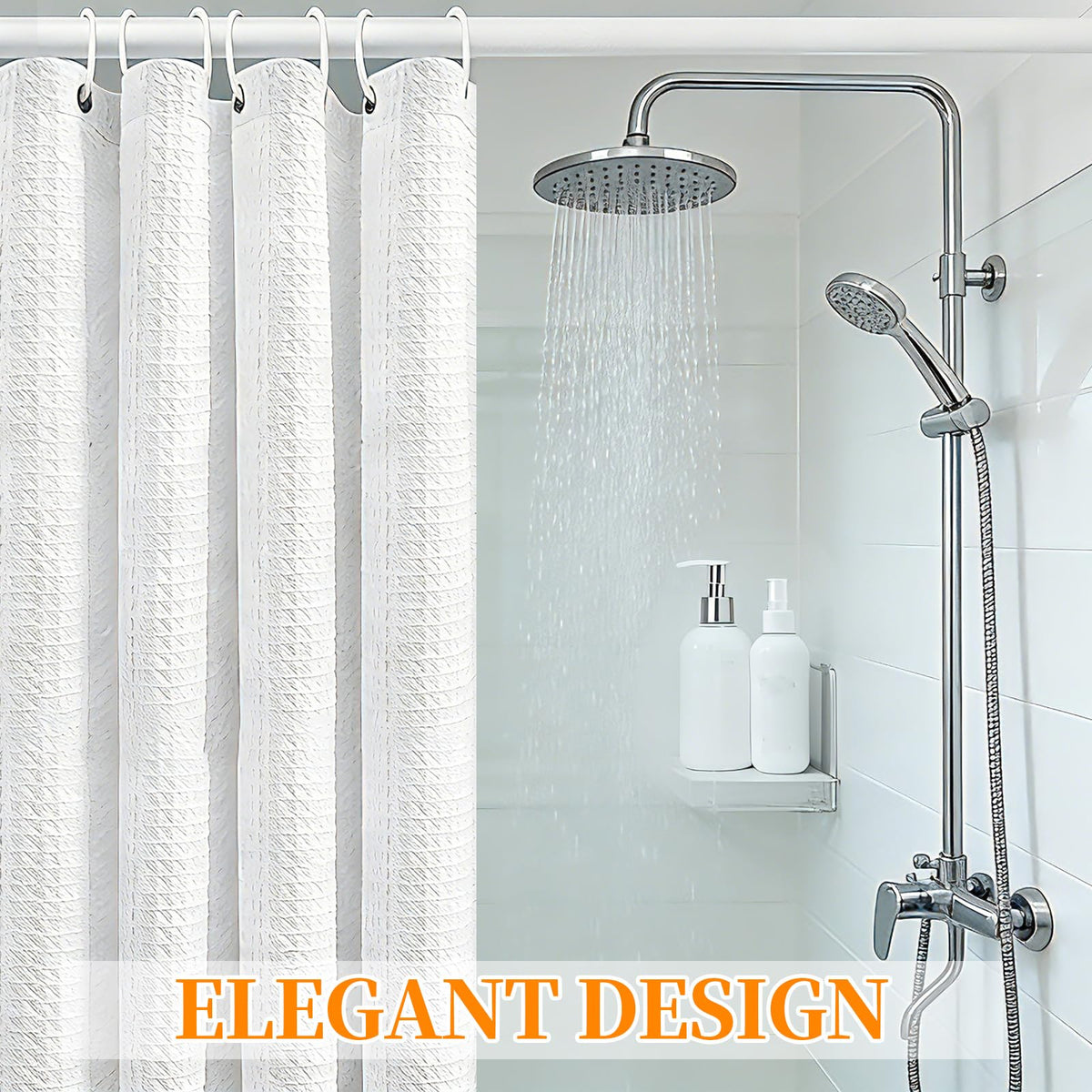 MospdyGear Water and Mould Proof Shower Curtain, White Waffle Weave Machine Washable 180x180cm with Hooks, Easy Clean Bathroom Decor - image 3