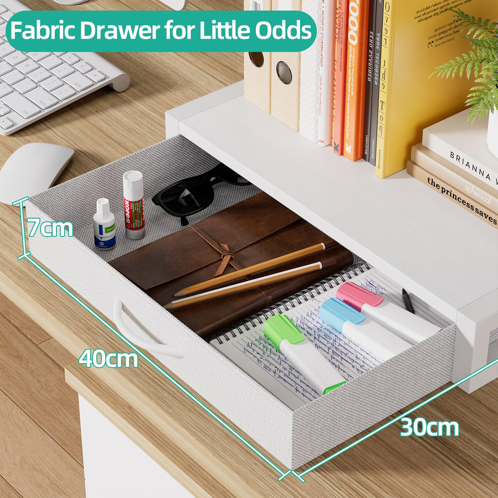 OYRREU 2-Tier Desktop Printer Stand with Fabric Drawer for Storage, White - image 3