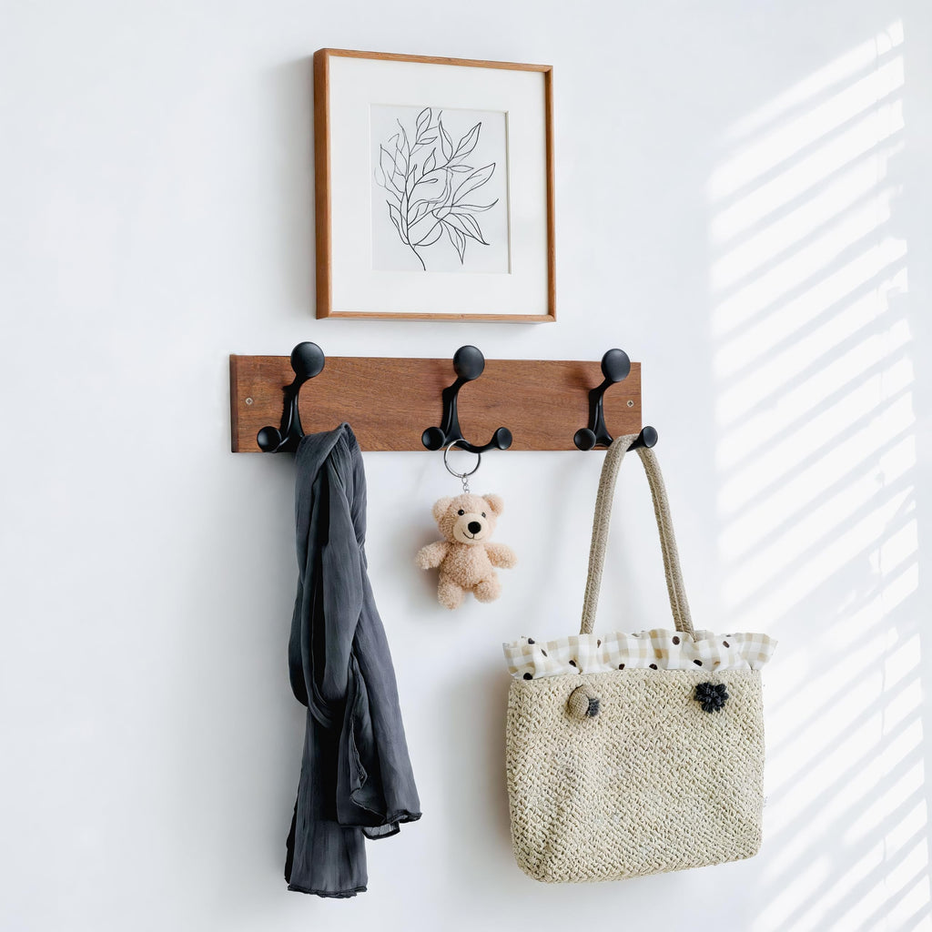 HONSKY Wall Mounted Coat Rack, 43cm Brown Pine Wood Base, 3 Black Sturdy Aluminium Alloy Triple Hooks 9 Hanging Points - image 2