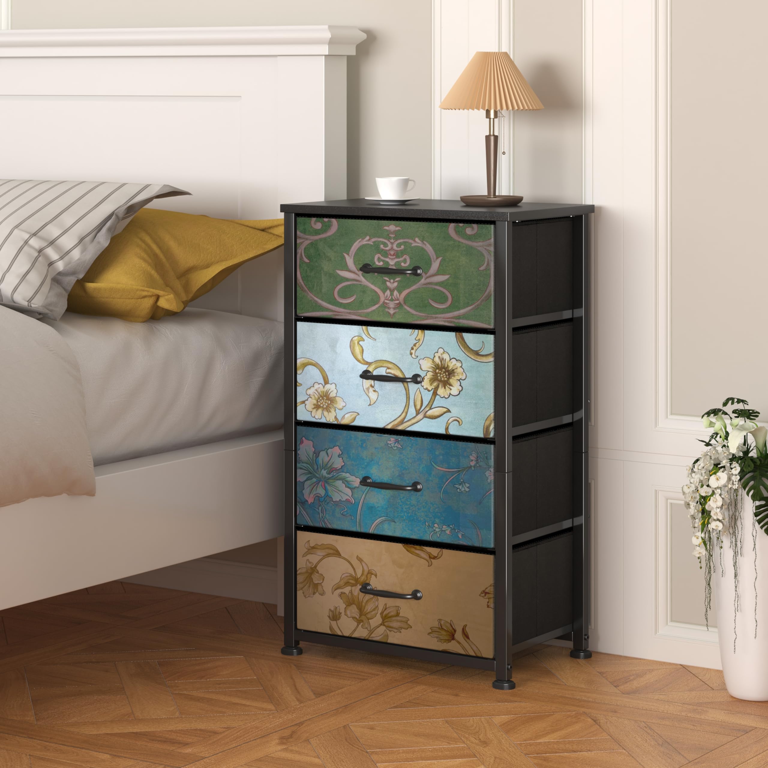 Jolof Store Floral 4-Drawer Fabric Dresser – Small Chest of Drawers