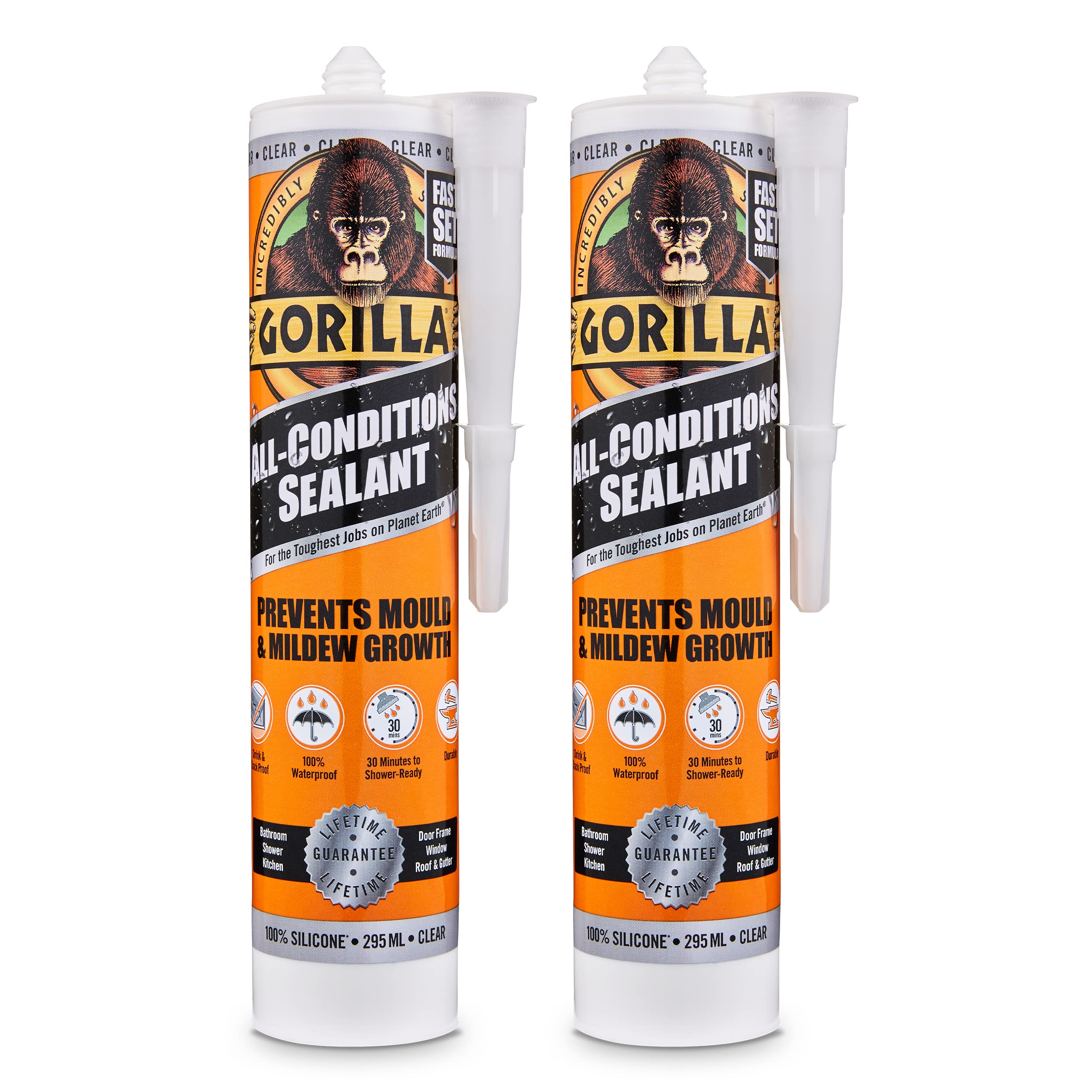 Gorilla All Conditions Silicone Sealant Clear 295ml - Waterproof 2 Pack