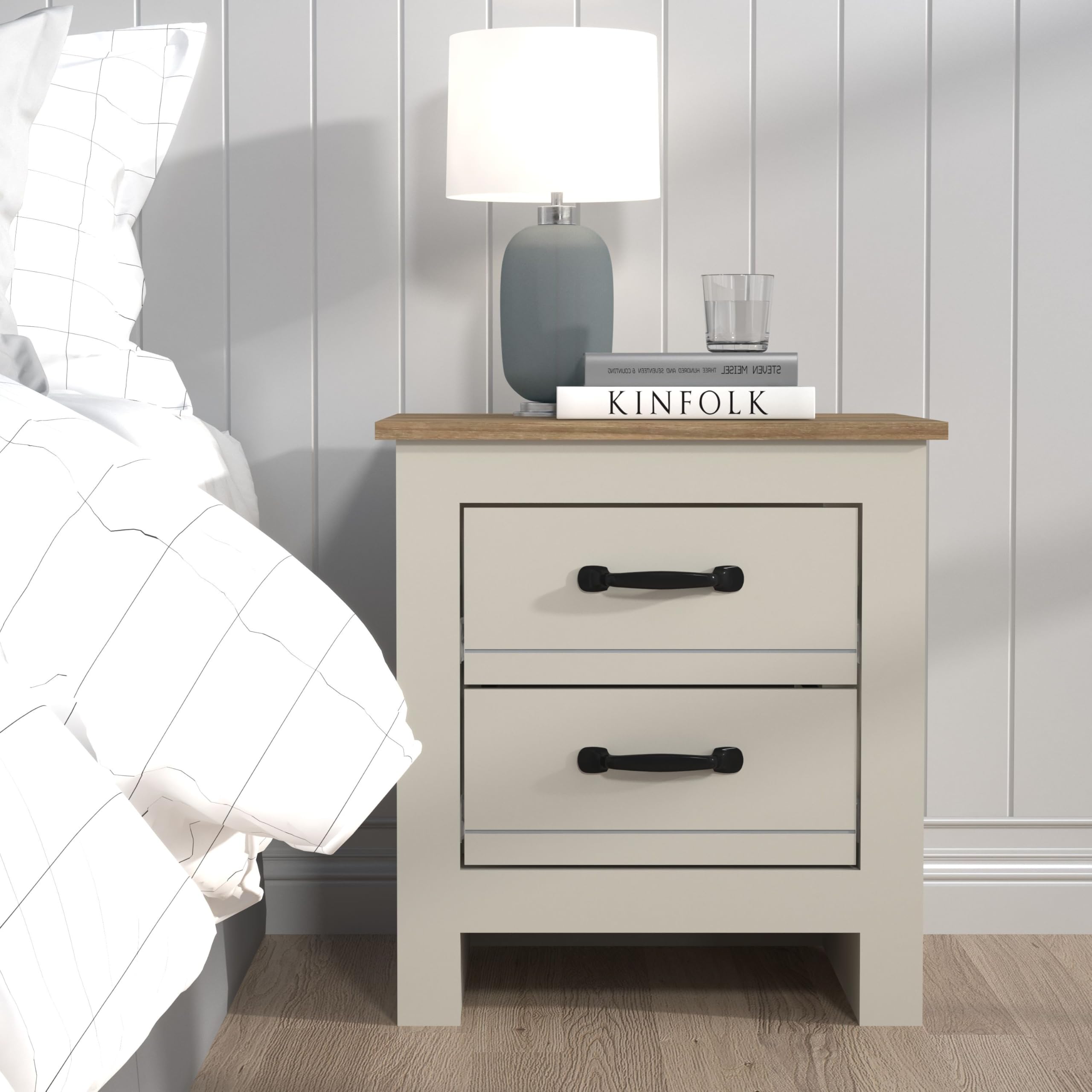 Galano Laverton 2 Drawer Bedside Table | Light Grey & Oak End Table