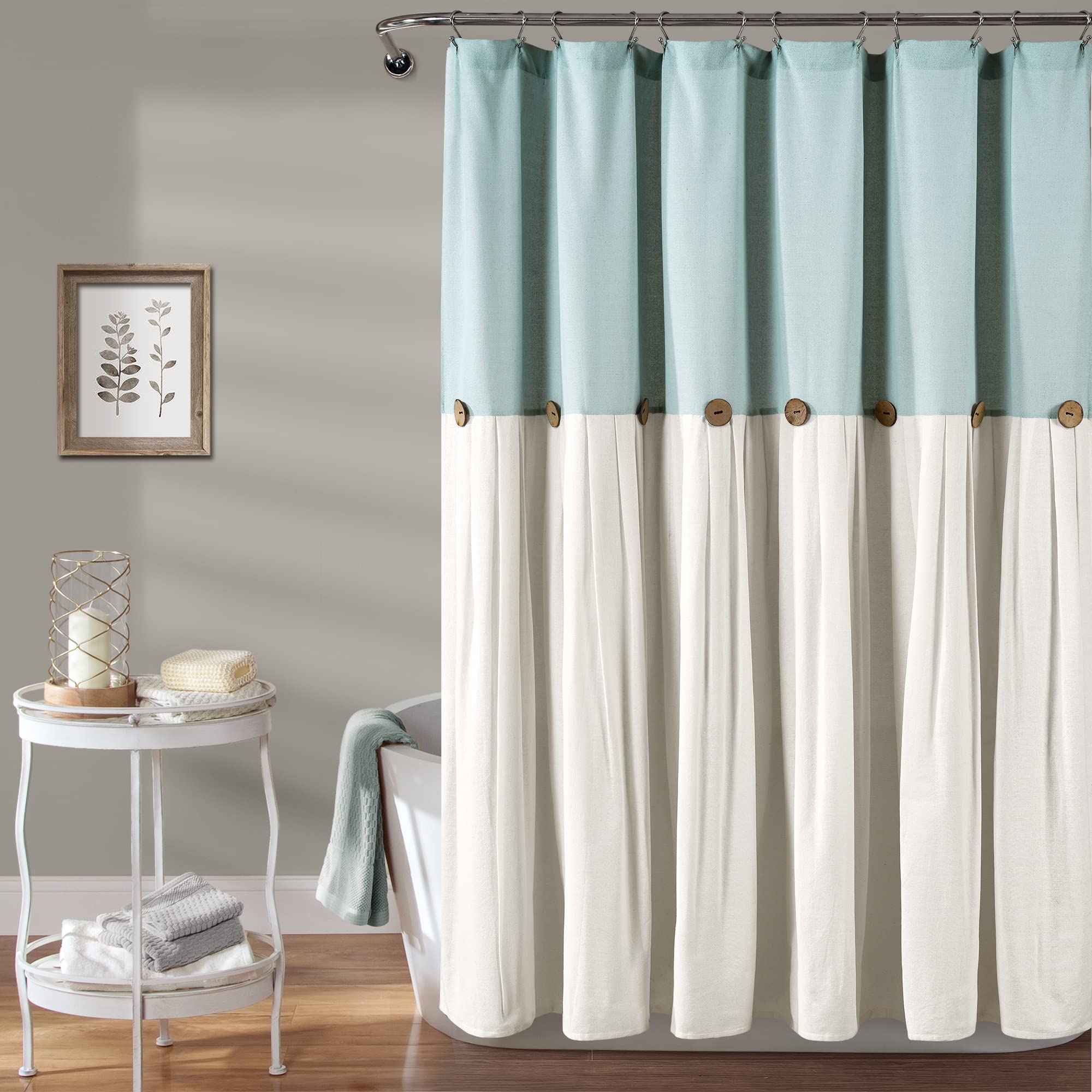 Lush Decor Linen Button Shower Curtain | Modern Farmhouse Blue, 72x72