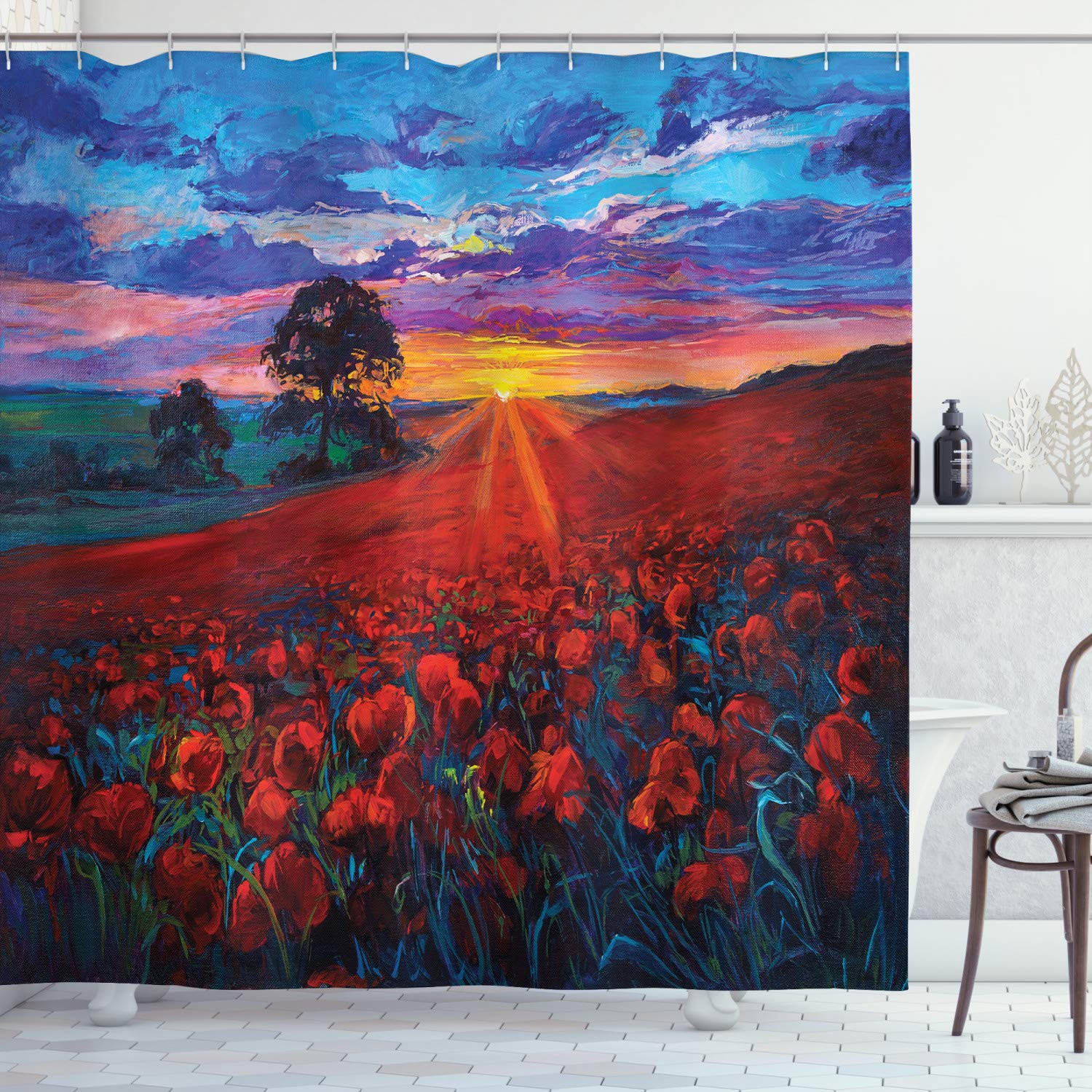 ABAKUHAUS Poppy Flower Garden Shower Curtain – Extra Long Waterproof Fabric