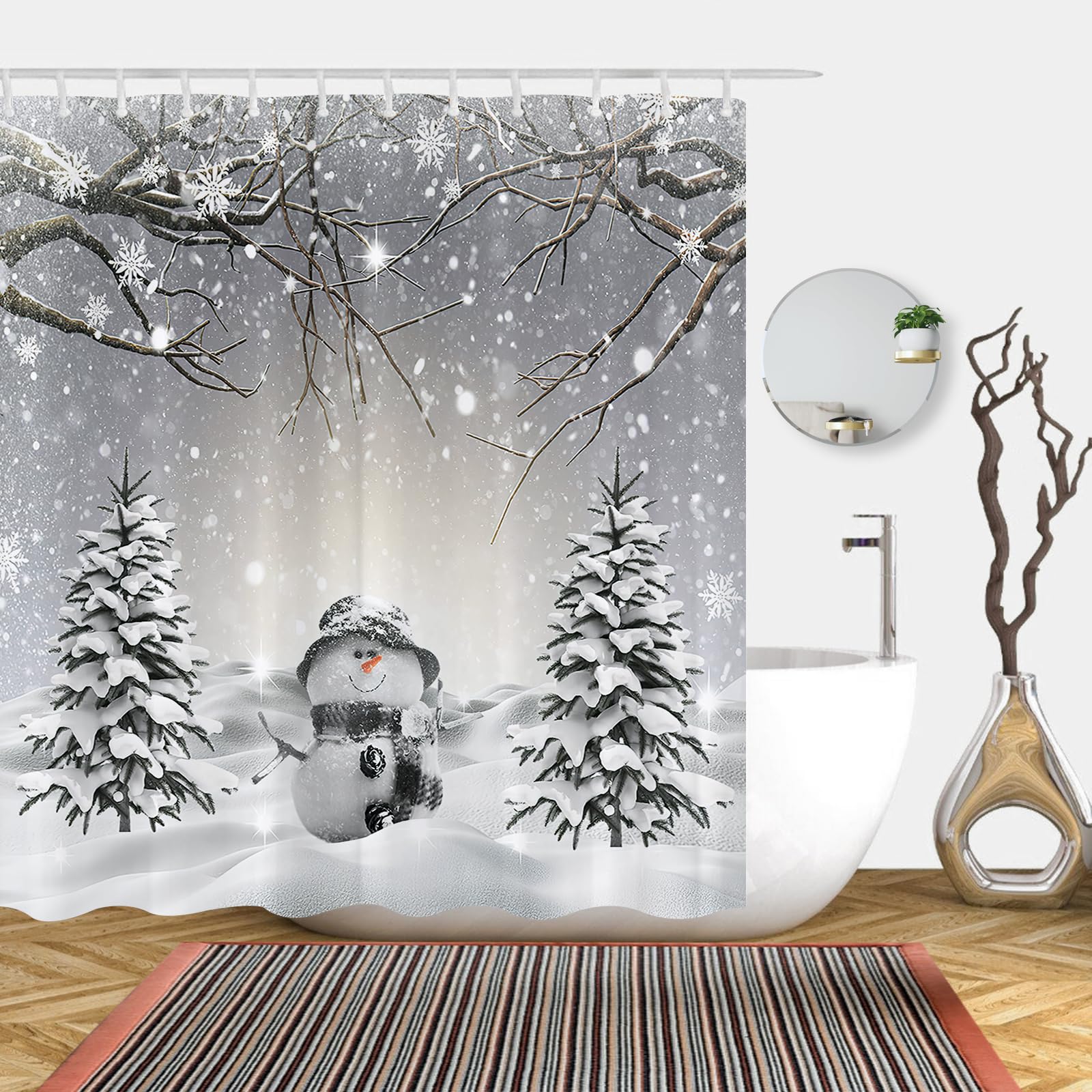 Abaysto Christmas Snowman Shower Curtain – Winter Snowflake Fabric Decor