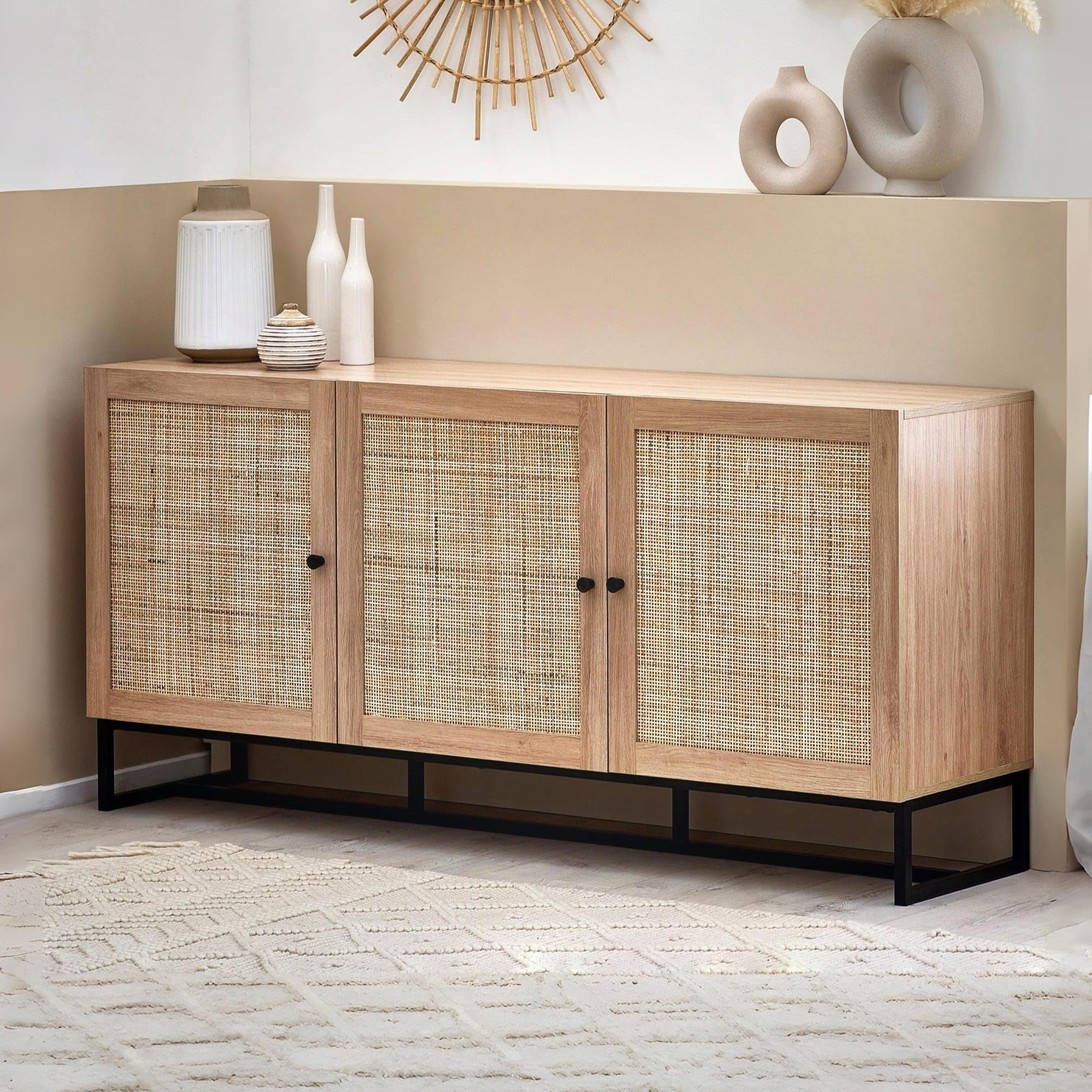 Julian Bowen Padstow Oak Sideboard – Industrial Rattan Storage Unit