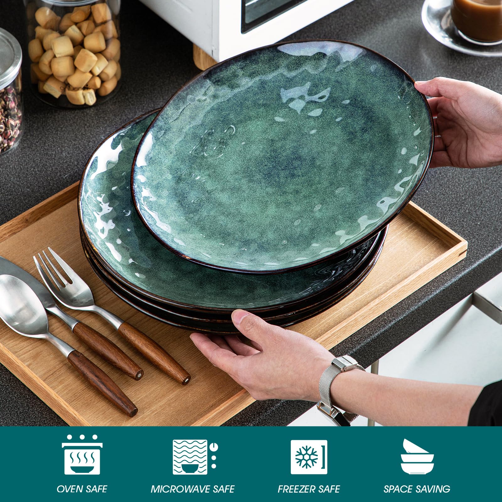 vancasso 10.5 Inch Ceramic Dinner Plates Set of 4 | Reactive Green Glaze