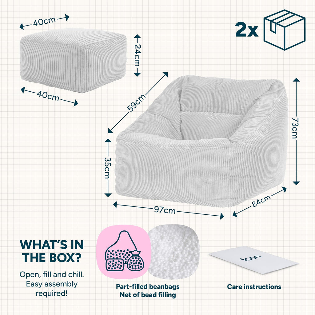 icon Natalia Cord Bean Bag Chair & Footstool with Filling Included, Grey