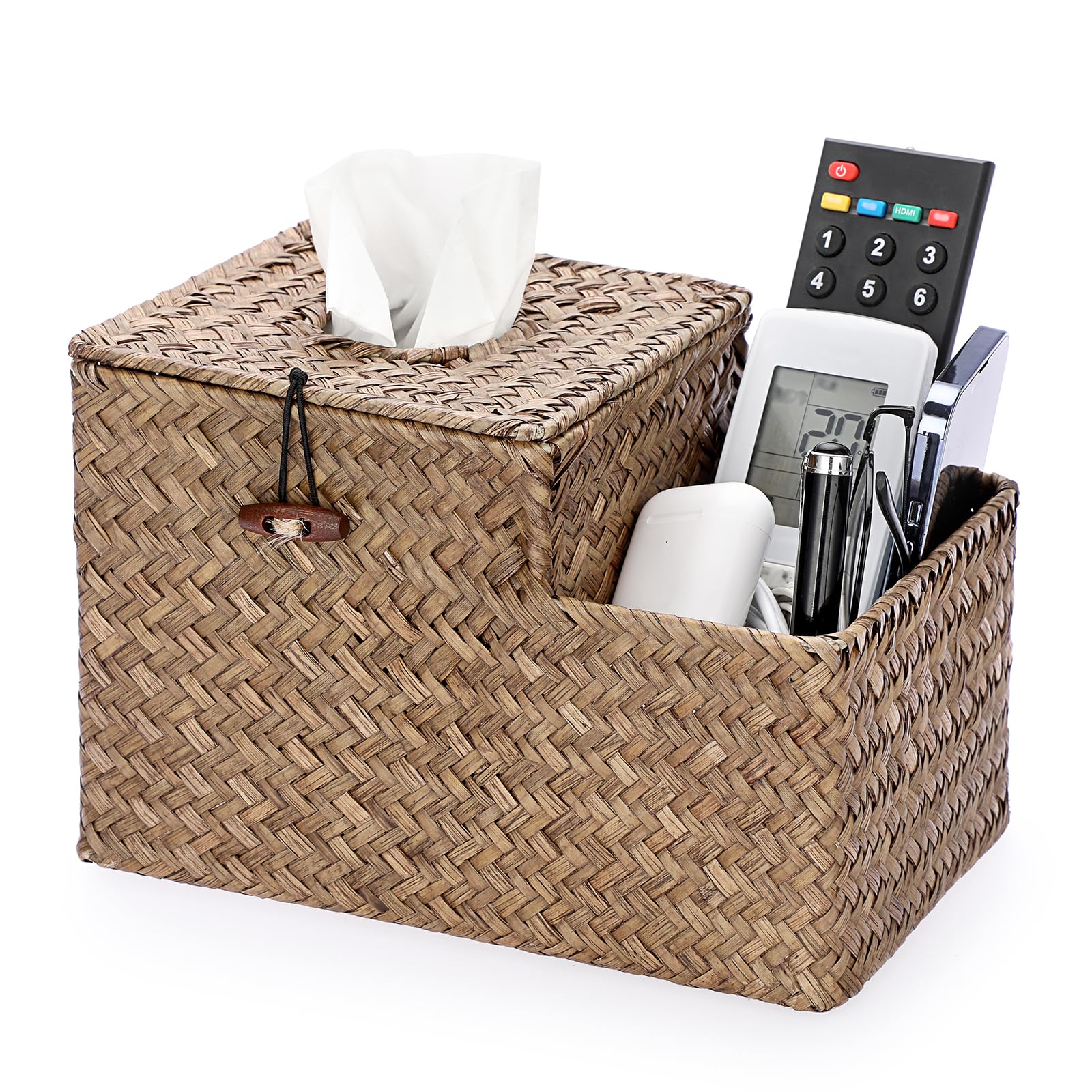 Woven Seagrass Square Tissue Box Cover with Remote Holder