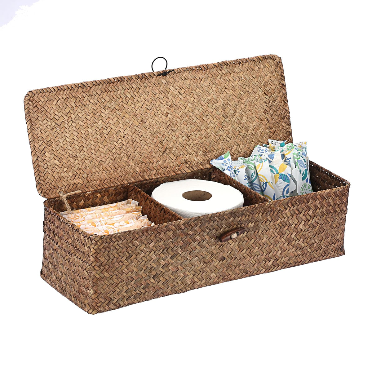 IGNPION 3-Compartment Seagrass Storage Baskets with Lid Woven Seagrass Desktop Basket Bathroom Storage Organiser Box - image 1