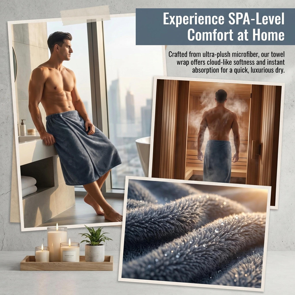 HUANYO Men's Bath Towel Wrap with Pocket – Adjustable, Super Absorbent Towel Skirt for Home, Gym, Spa, Beach & Pool Grey