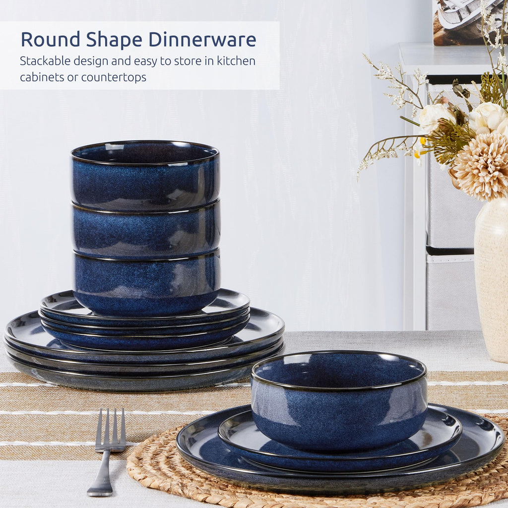 Homikit 12-Piece Stoneware Dinner Set – Reactive Glaze Blue Dinnerware