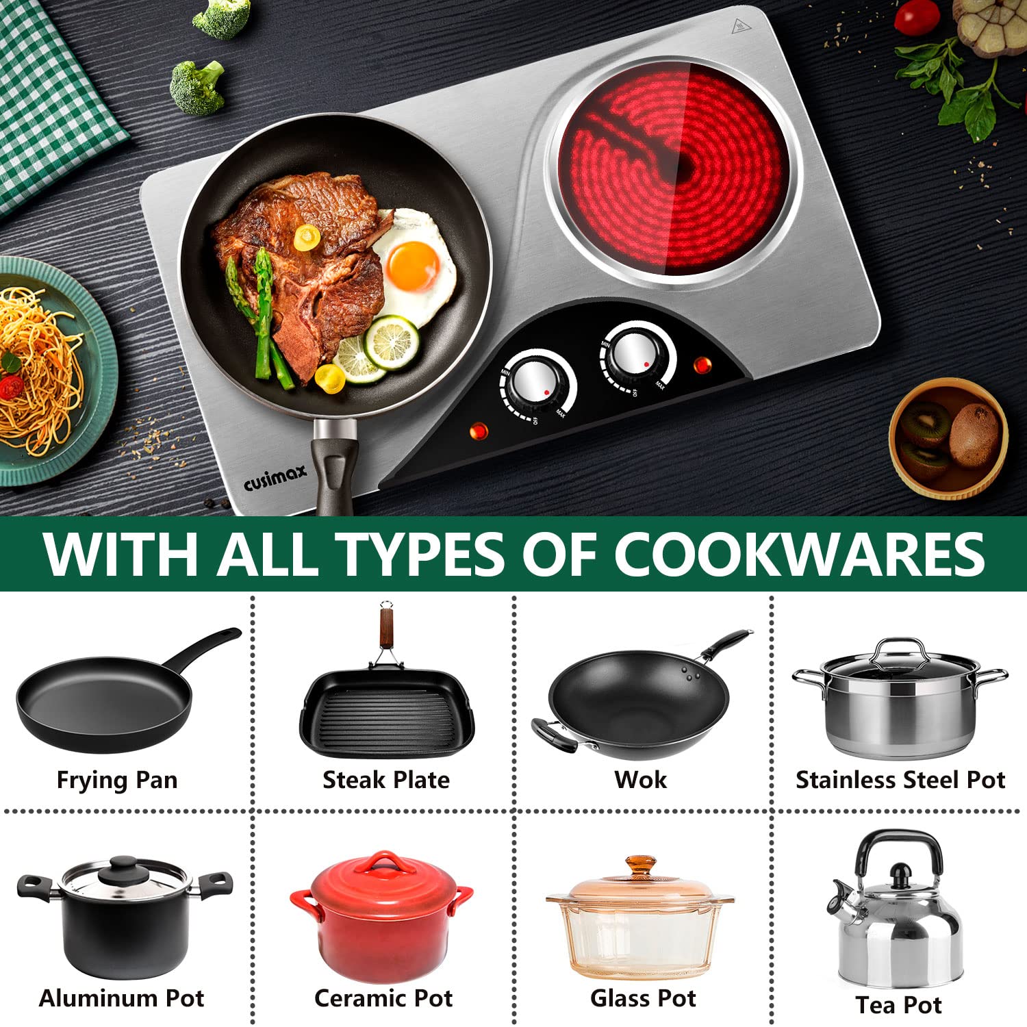 CUSIMAX Double Infrared Hot Plate | 2100W Portable Electric Hob Cooktop
