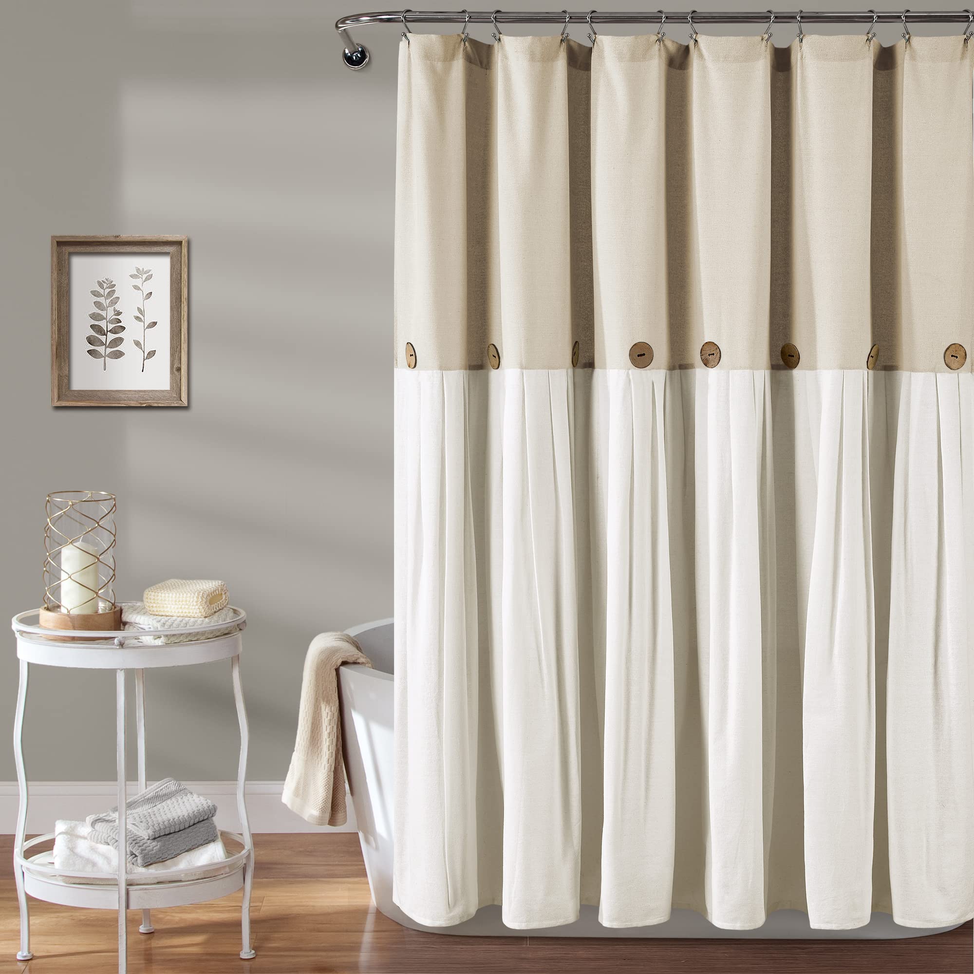 Lush Decor Linen Button Shower Curtain – Farmhouse Cotton Blend, 72x72