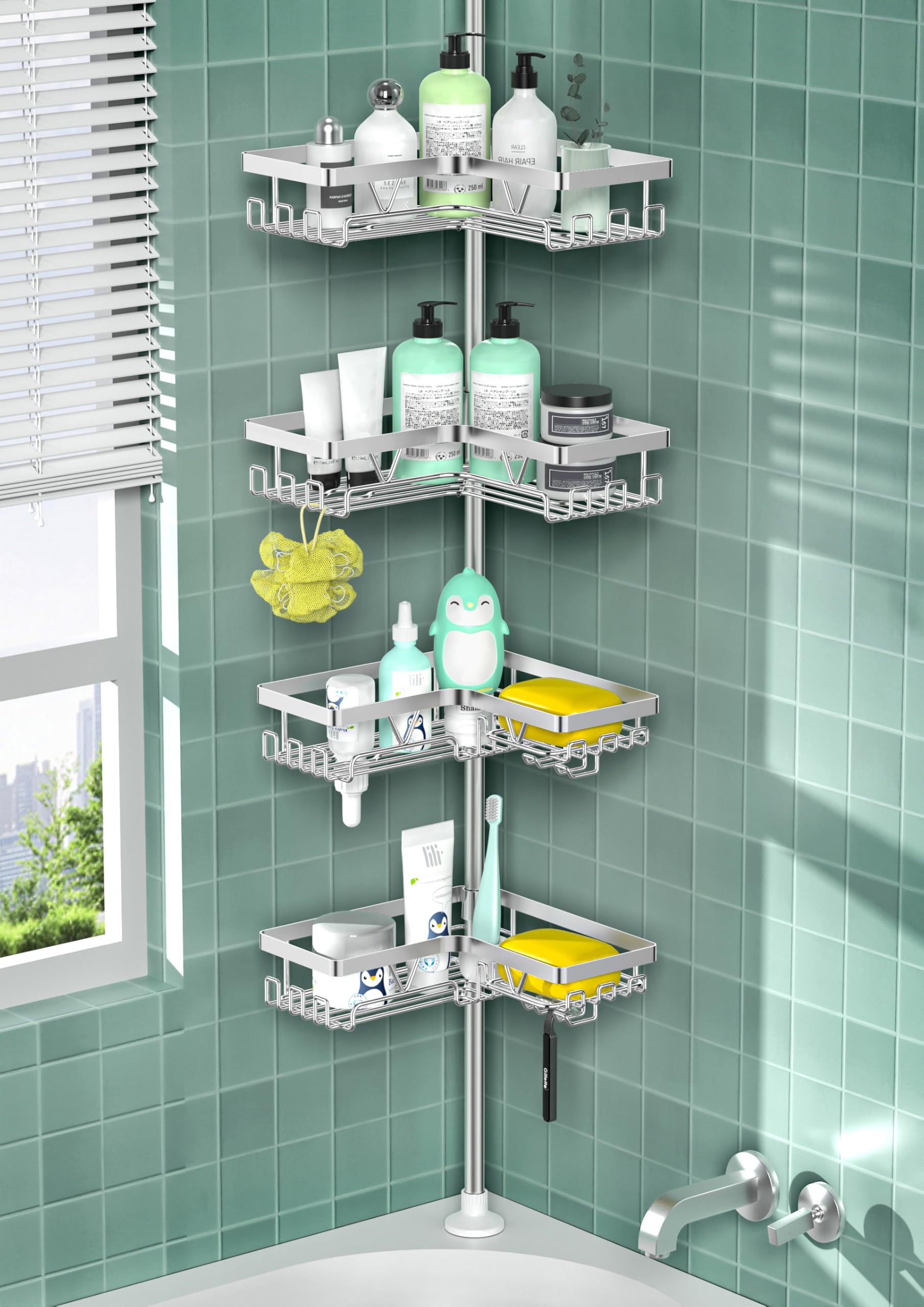 Cooeco Corner Shower Caddy | 4-Basket Rustproof Tension Pole Organizer