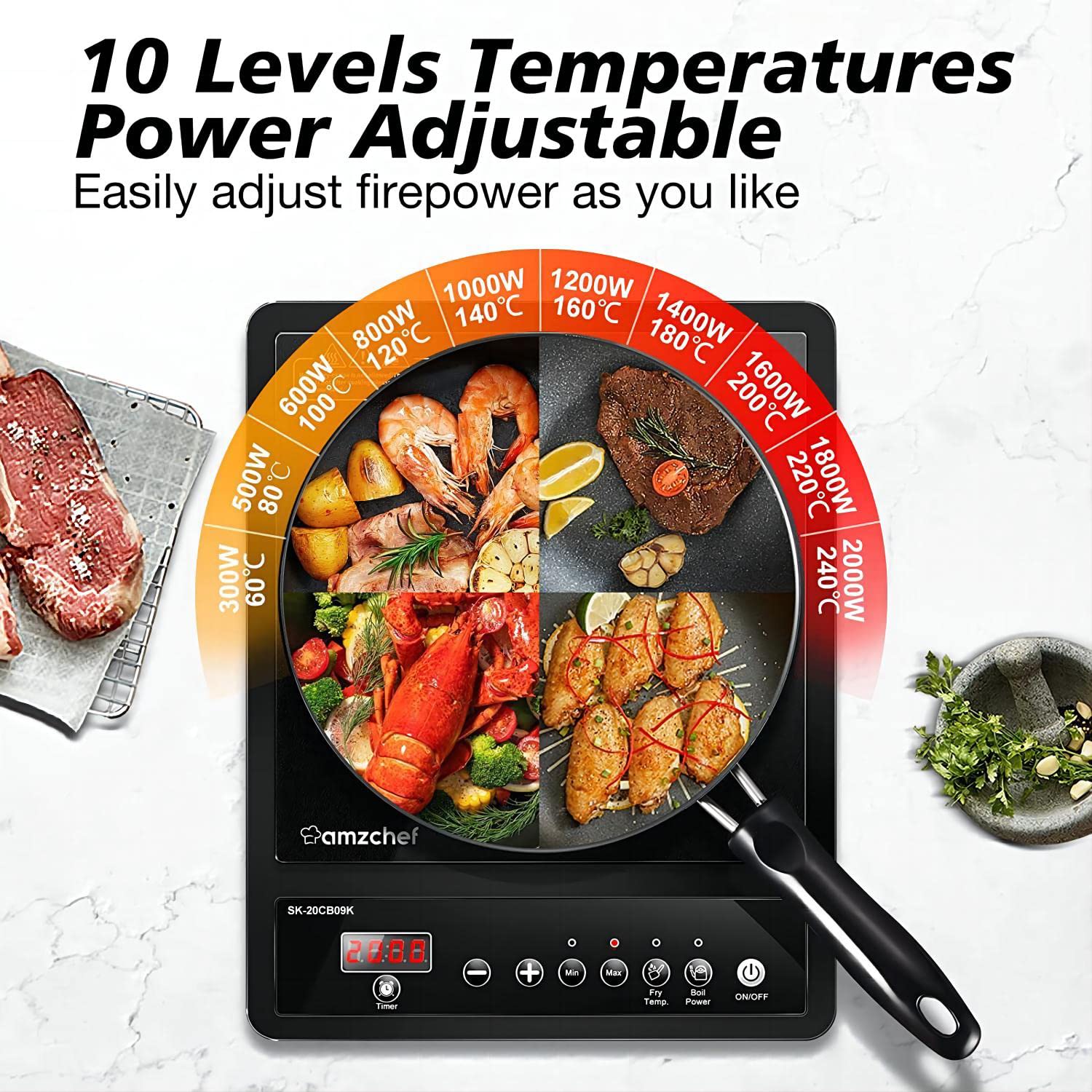 AMZCHEF Single Portable Induction Hob | 2000W Black Frosted Glass Cooker