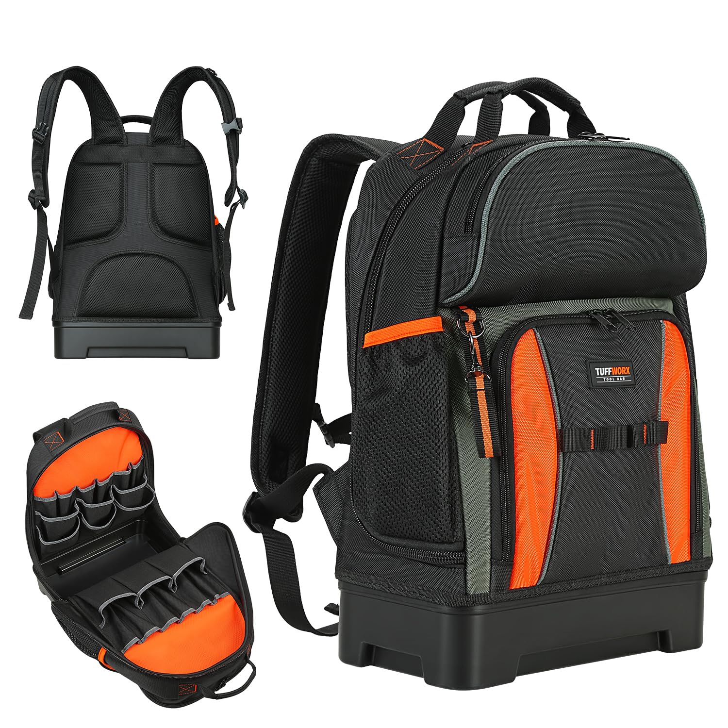 TUFFWORX Heavy Duty Tool Backpack | Hard Bottom Storage Bag - Black