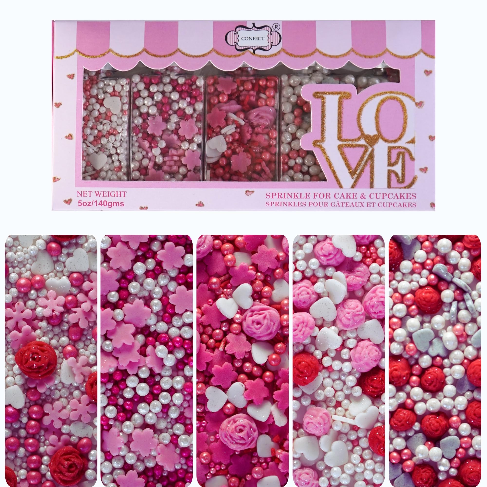 Confect Pink Roses & Silver Hearts Edible Sprinkles Mix - 100g