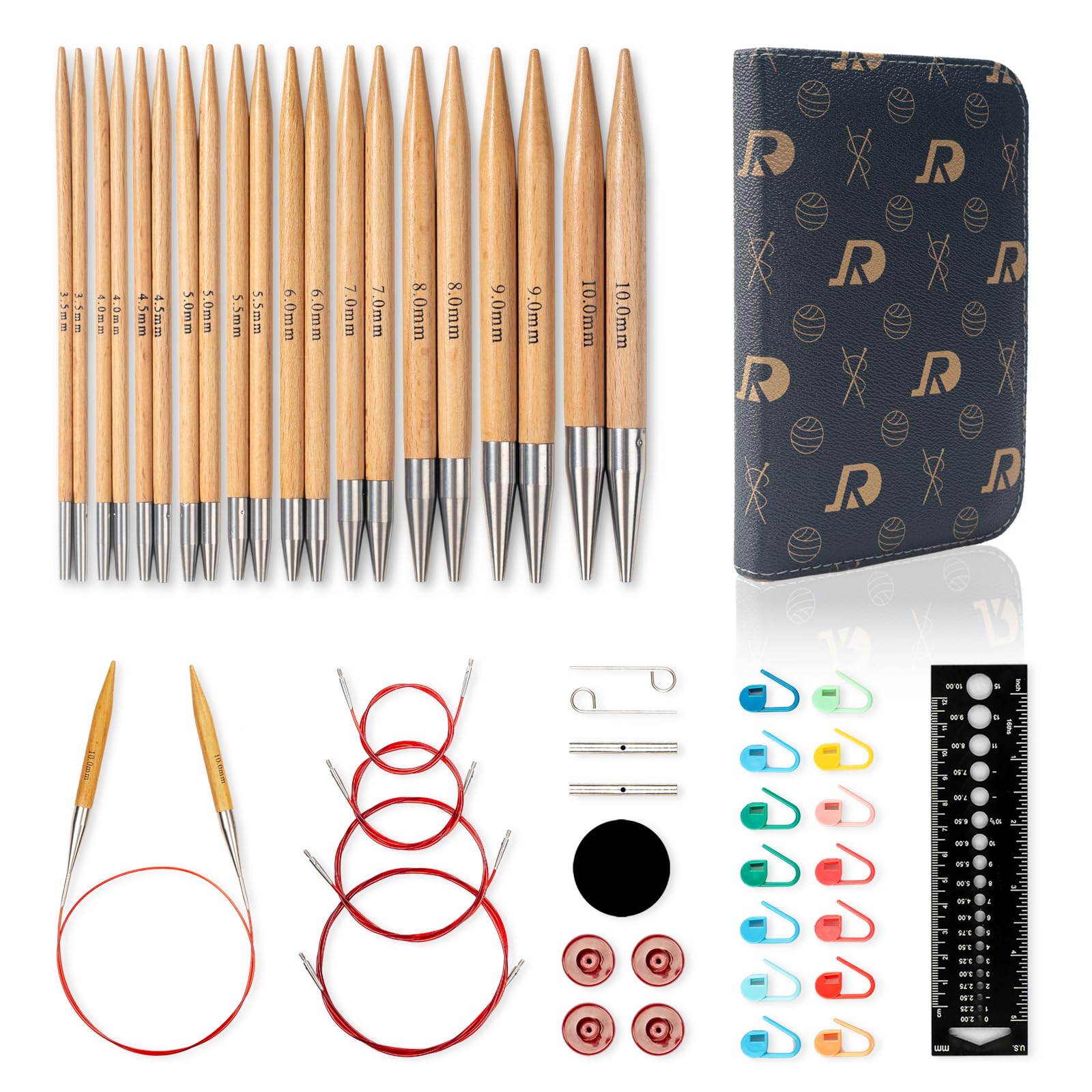 RUIDI Interchangeable Circular Knitting Needles Set | 10 Sizes Beechwood