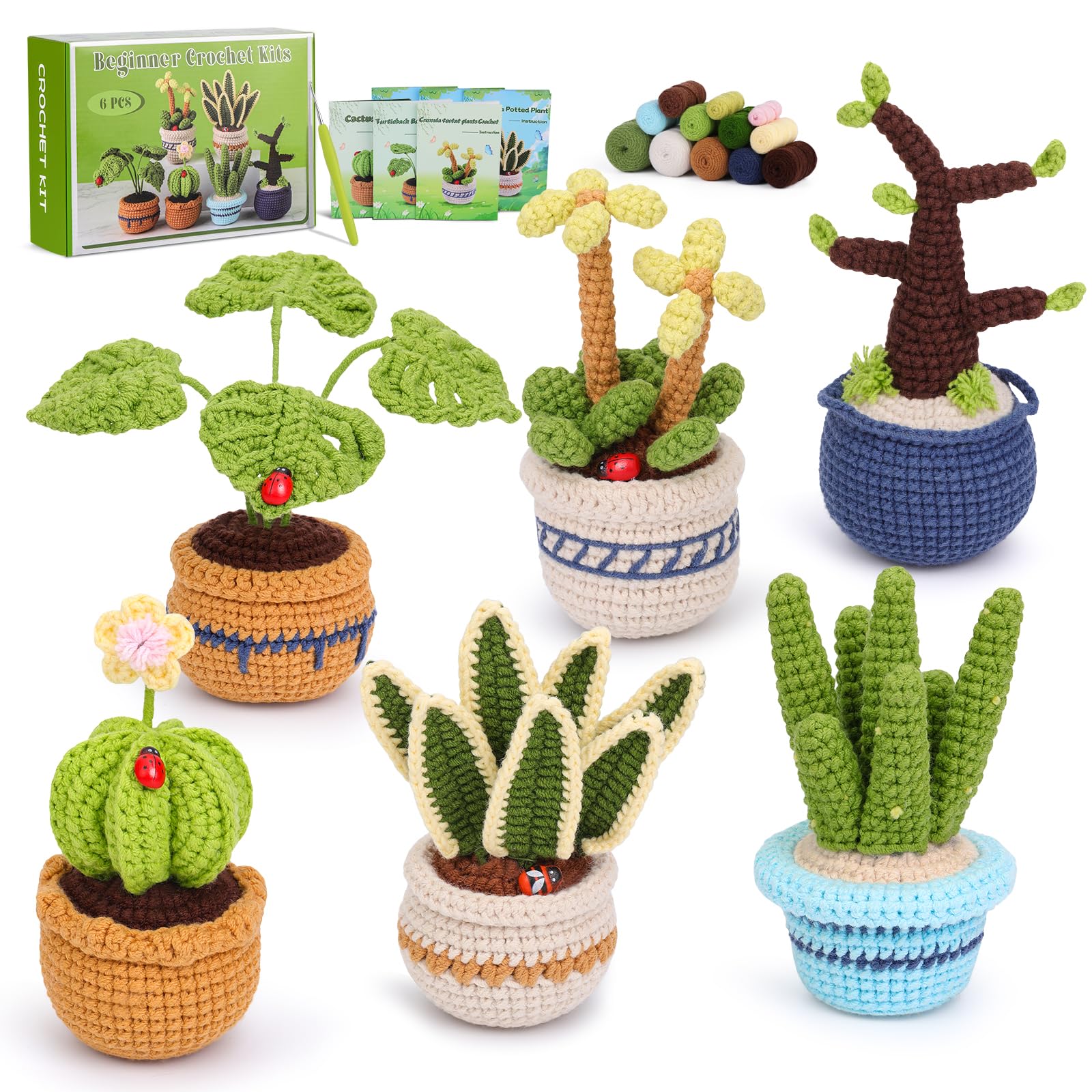 JUAYING Crochet Kit for Beginners - 6 Pcs Potted Plants with Video Tutorials