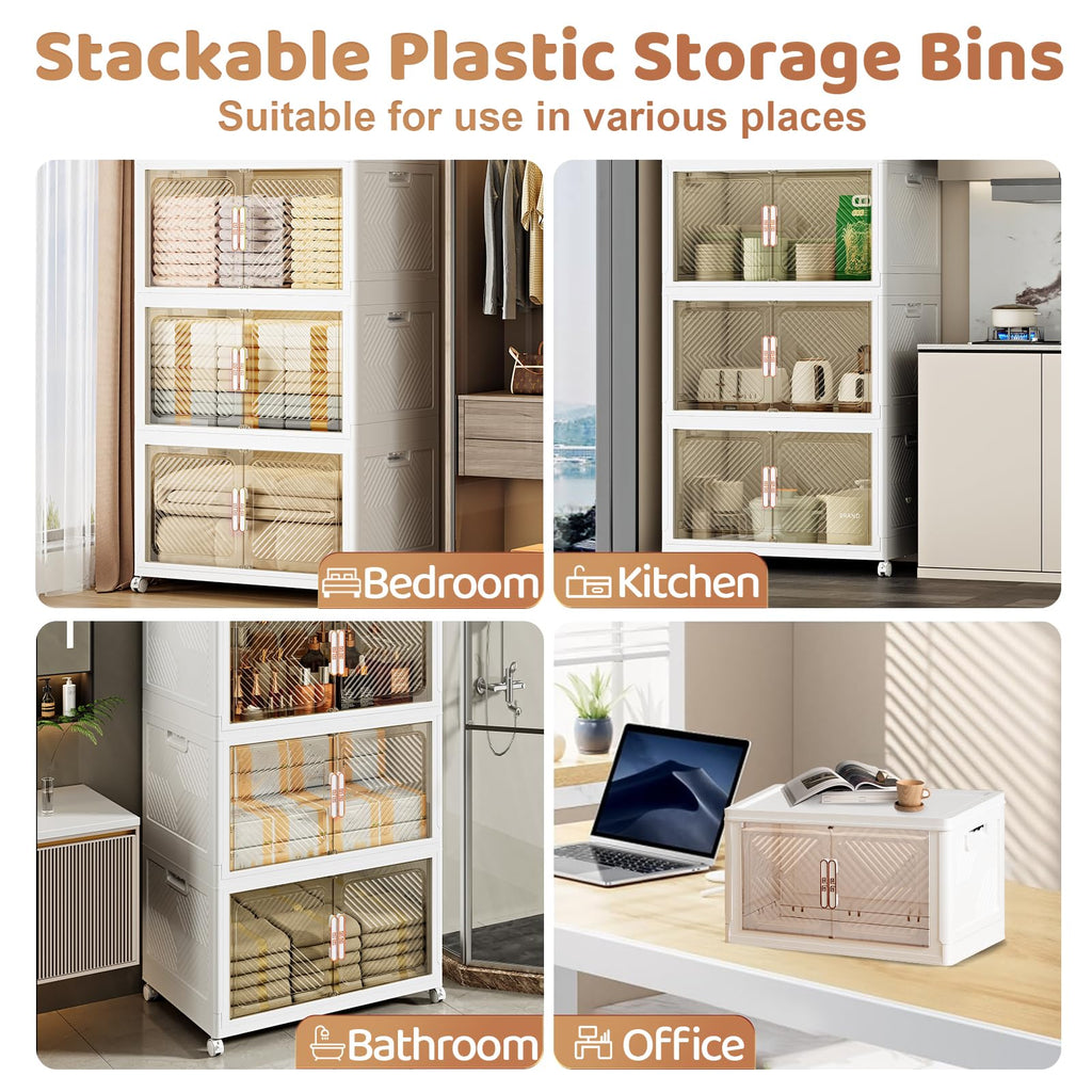 Pioncrey 4-Pack Stackable Storage Boxes | 70L Collapsible Bins with Wheels