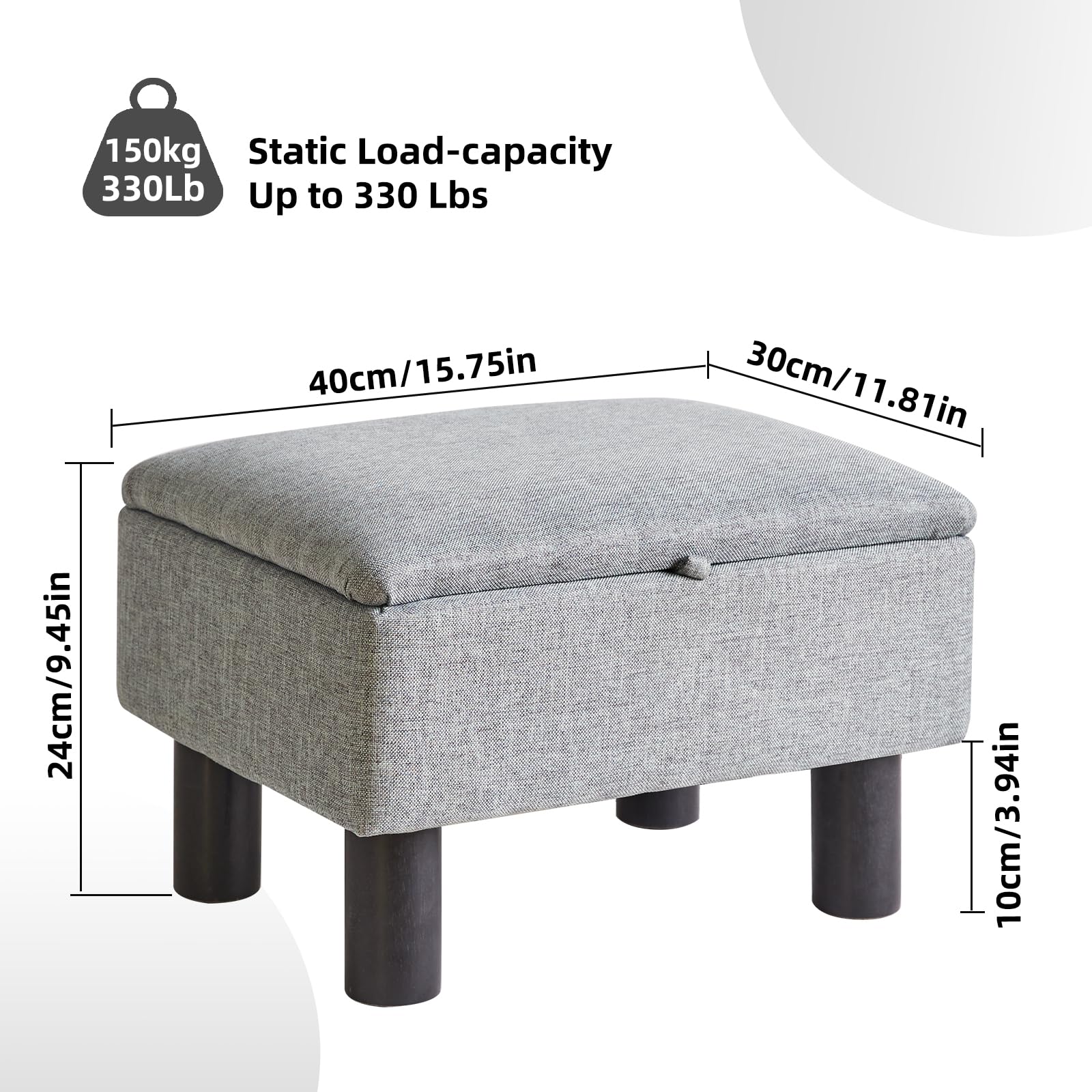 Aibiju Small Storage Ottoman – Linen Foot Stool with Wooden Legs, Blue Grey