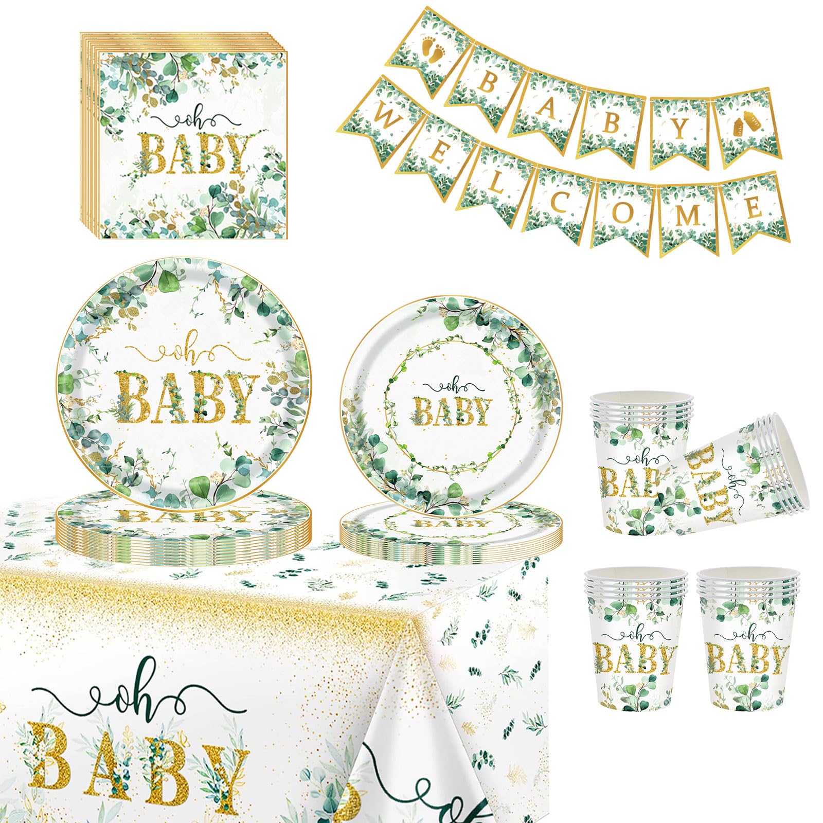 Jolof Store Sage Green Baby Shower Tableware Set | 70pc Eucalyptus Dinnerware