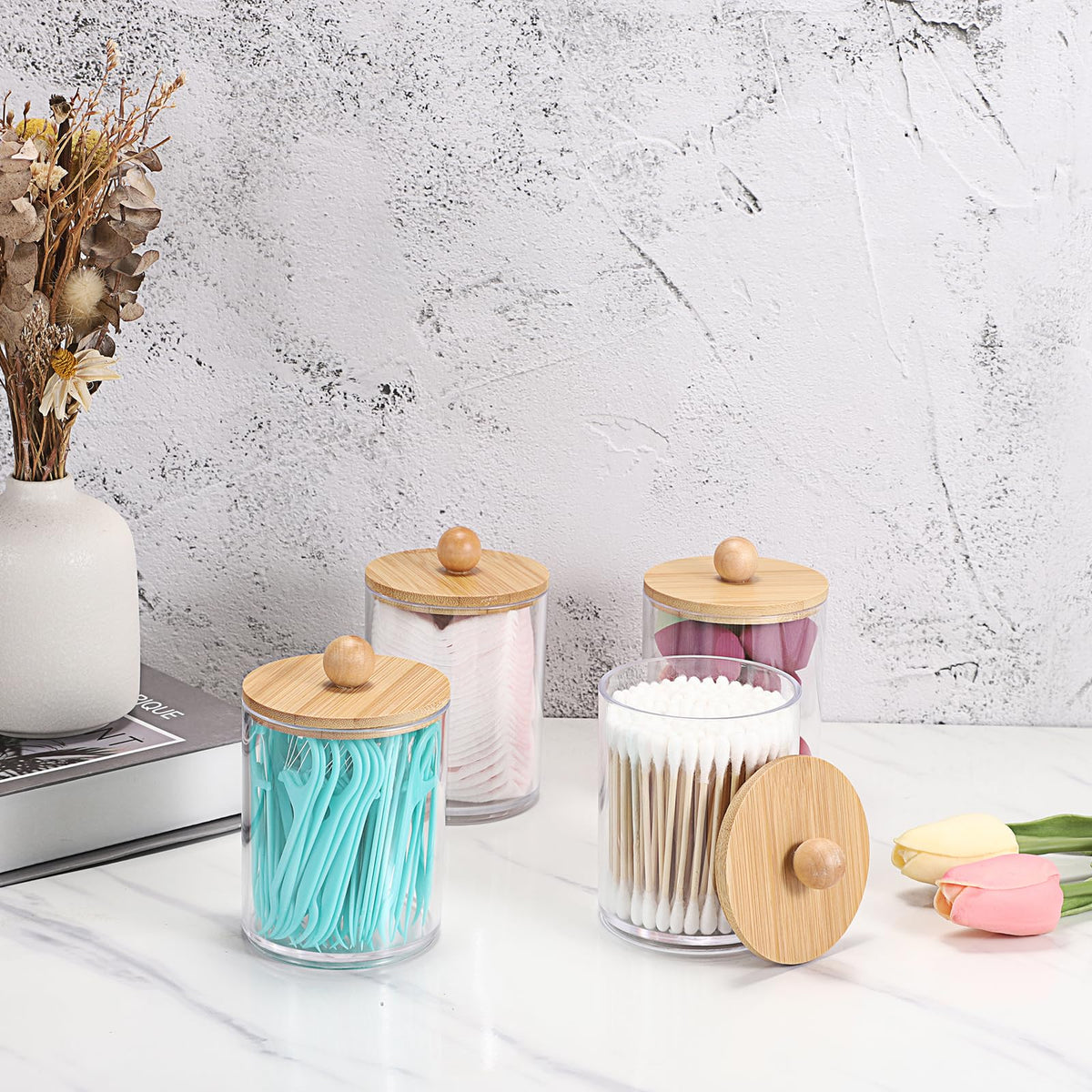 SUMTree 4 Pcs Apothecary Jars Cotton Ball & Swabs Holder with Lids, Clear - image 3