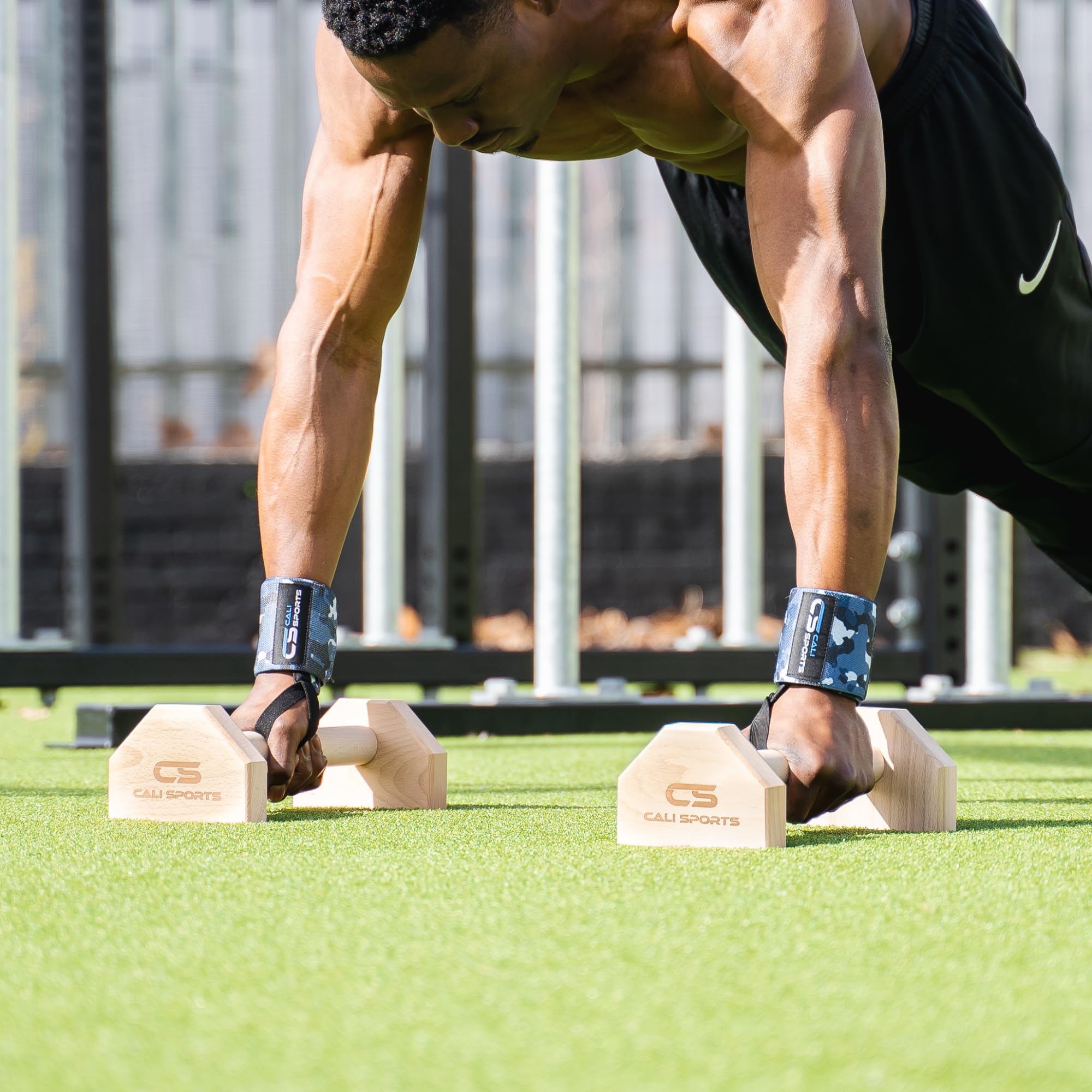CALI SPORTS Wood Parallettes - Small Beech Push Up Bars with Wrist Wraps