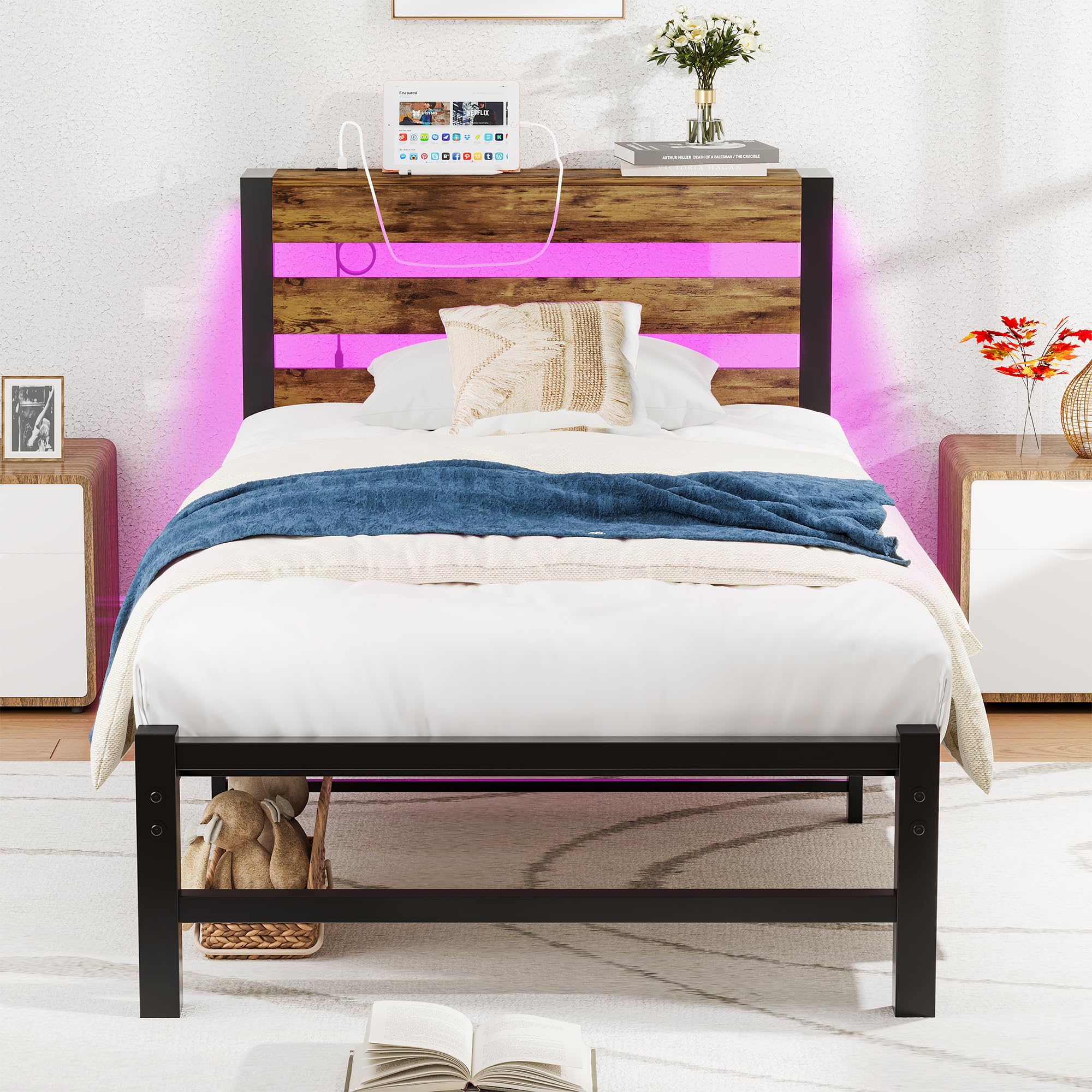 Jolof Store Single Metal Bed Frame with LED Storage Headboard & USB