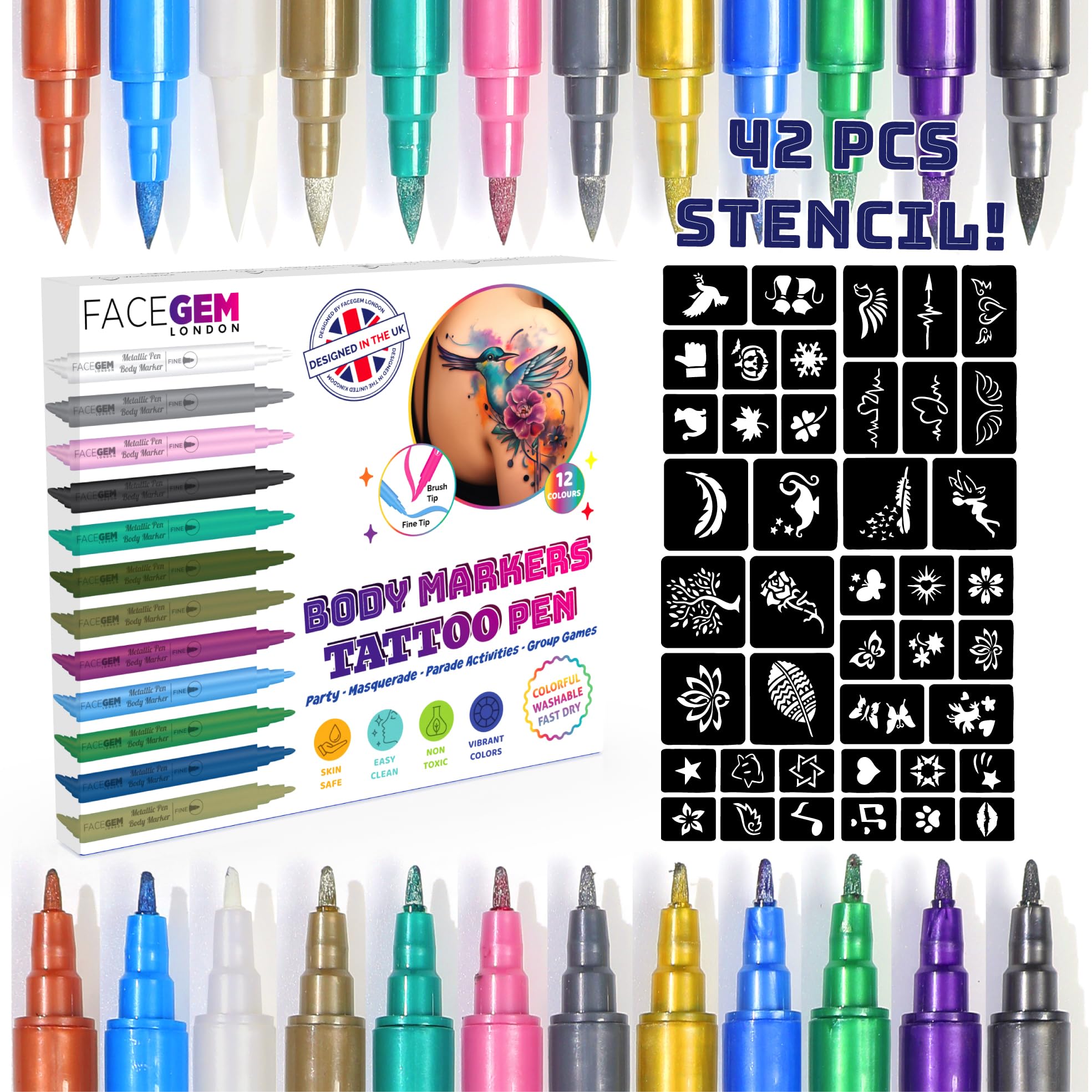 Facegem London Metallic Temporary Tattoo Markers - 12 Dual-Tip Body Pens