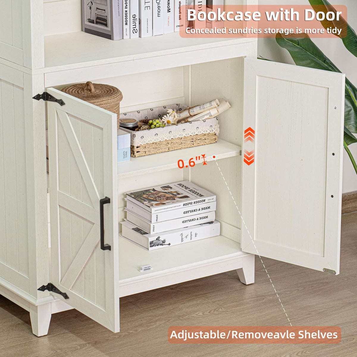 LELELINKY 70in Tall Bookshelf 5 Tier Bookcase with Barn Doors and Adjustable Shelves, White Farmhouse Book Shelf with Storage Cabinet - image 3
