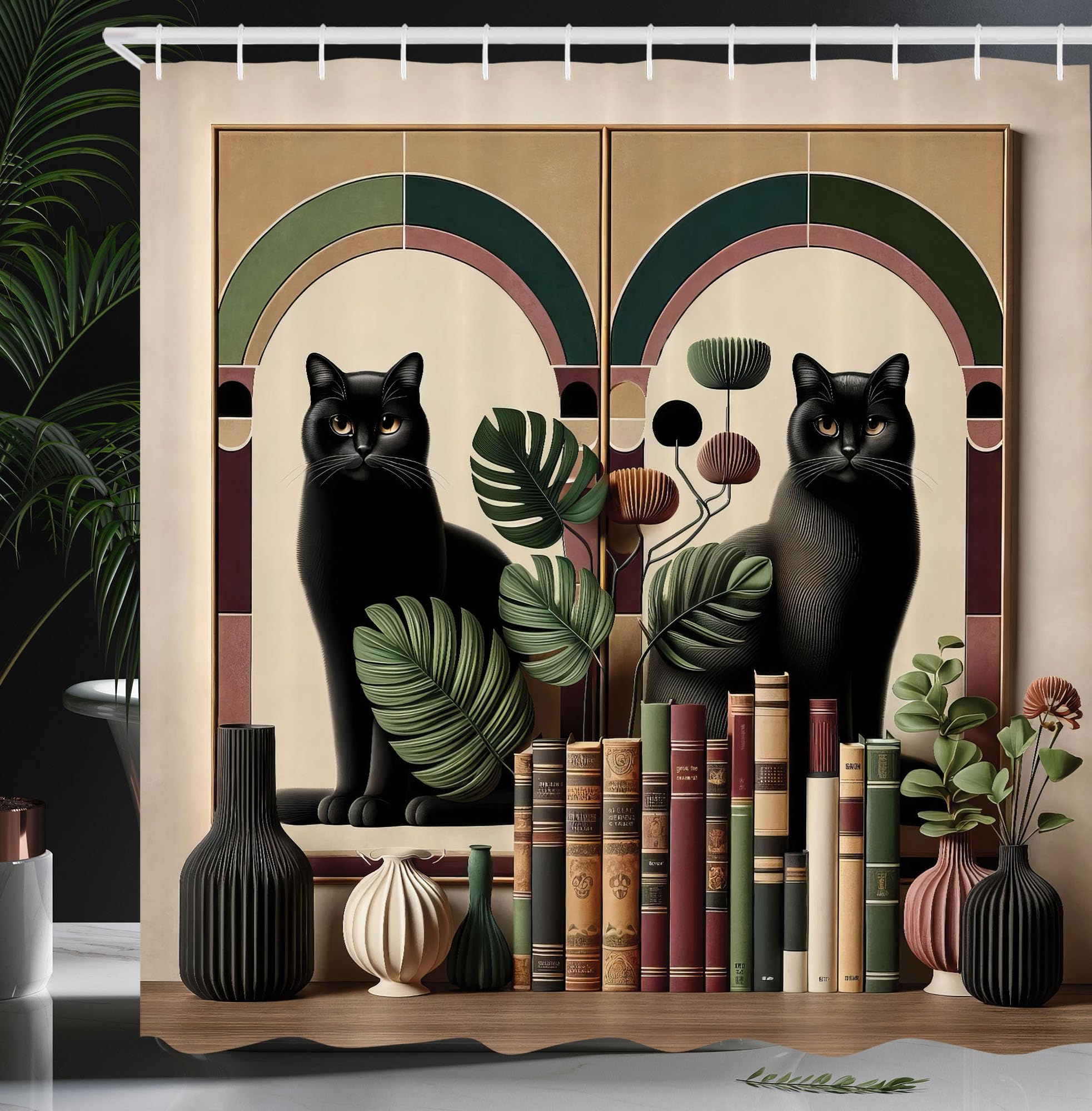 Abakuhaus Cat Shower Curtain | Monstera Kitties Fabric Bathroom Decor Set