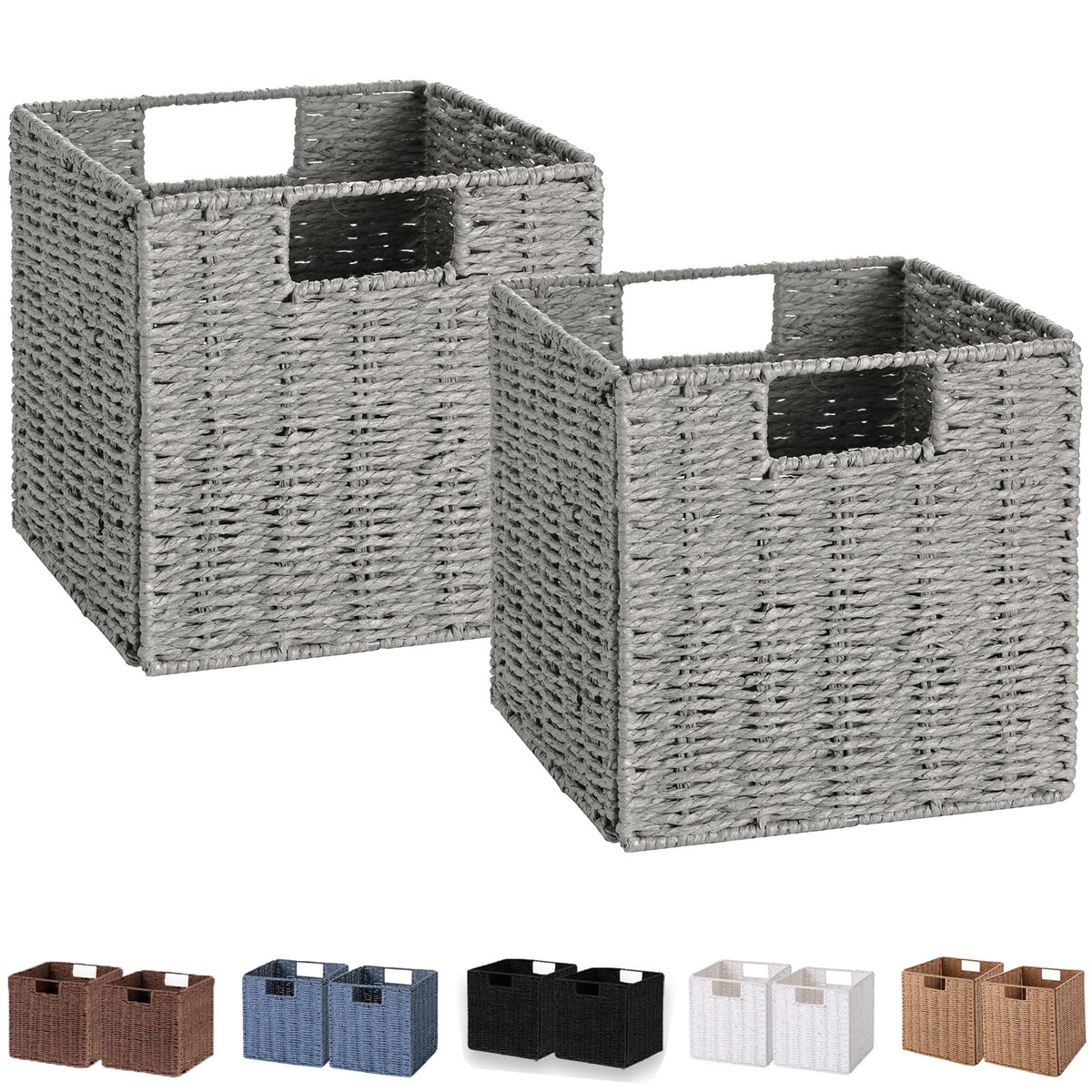 Vagusicc Storage Basket, Set of 2 Hand-Woven Paper Rope Wicker Baskets for Storage, Foldable Cube Storage Bins Organizer - image 1
