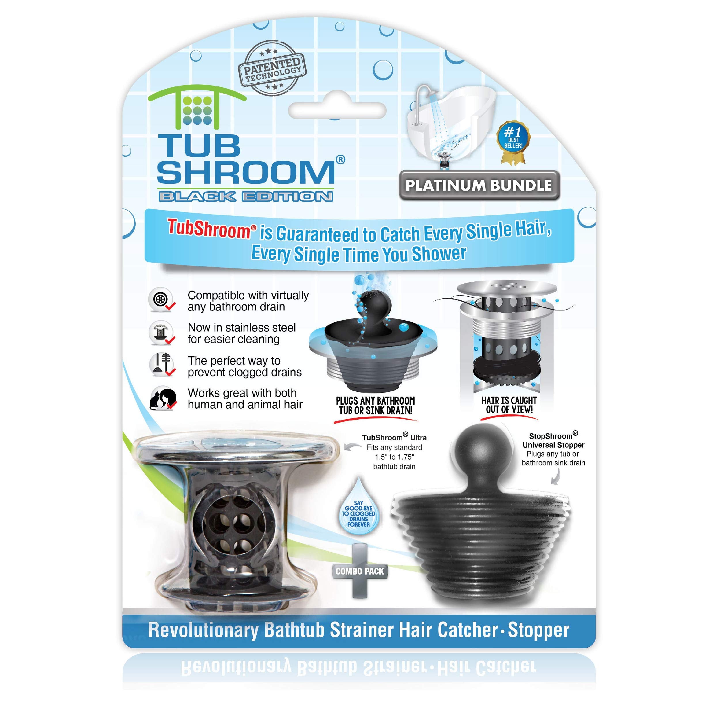 TubShroom Drain Hair Catcher and Silicone Stopper Combo Pack - Black Chrome