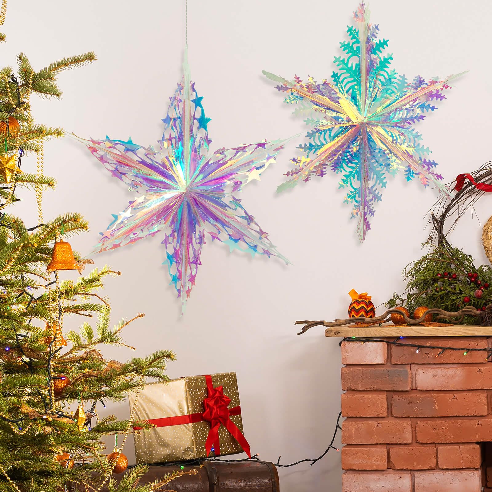 SONGTIY 2PCS Iridescent Snowflake Ornaments | Foil Hanging Garlands