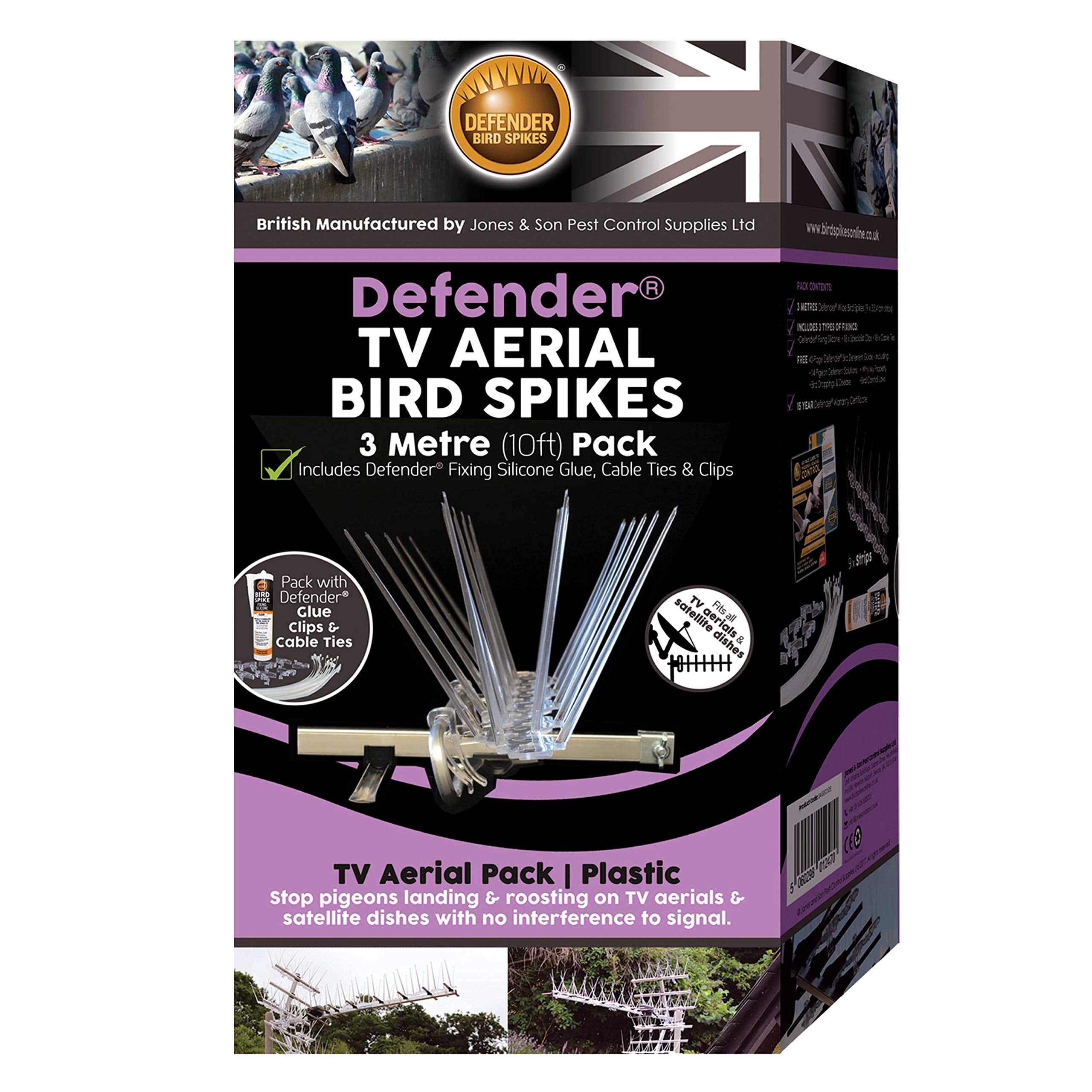 Defender Bird Spikes TV Aerial Pack - 3m Pigeon Deterrent with Glue