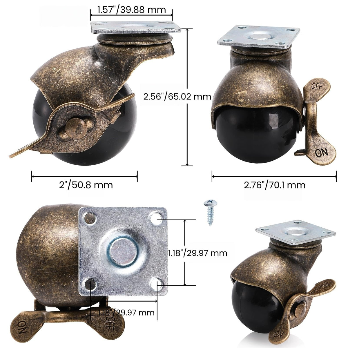 Goaste 8 Pack 50mm Ball Caster Wheels, Antique Brass Swivel Casters with Brakes, Vintage Spherical Ball Casters with Sockets - image 2