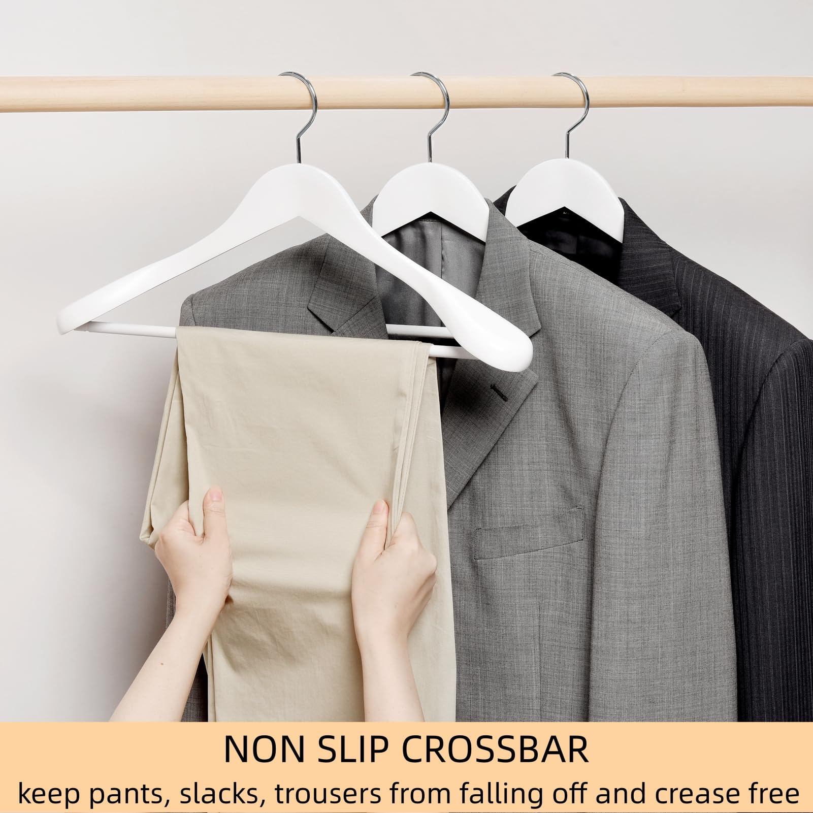 Amber Home White Wooden Suit Hangers | Wide Shoulder Non-Slip - 10 Pack