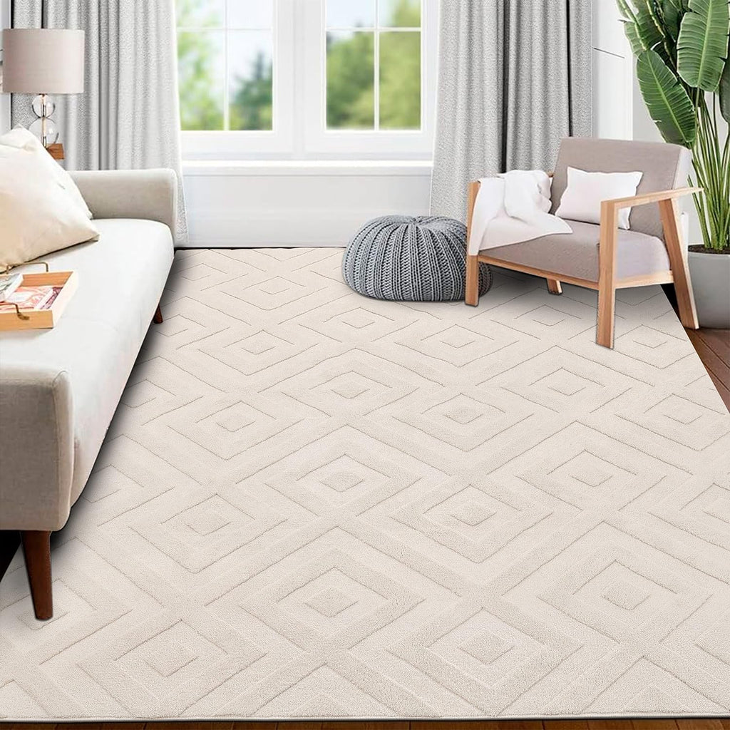 SHACOS Washable Area Rug | 120x160cm Cream Geometric Shaggy Carpet
