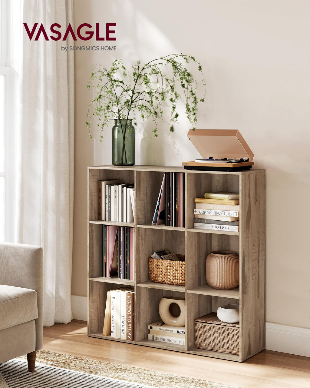VASAGLE 9-Cube Bookcase – Minimalist Storage Shelf in Camel Brown