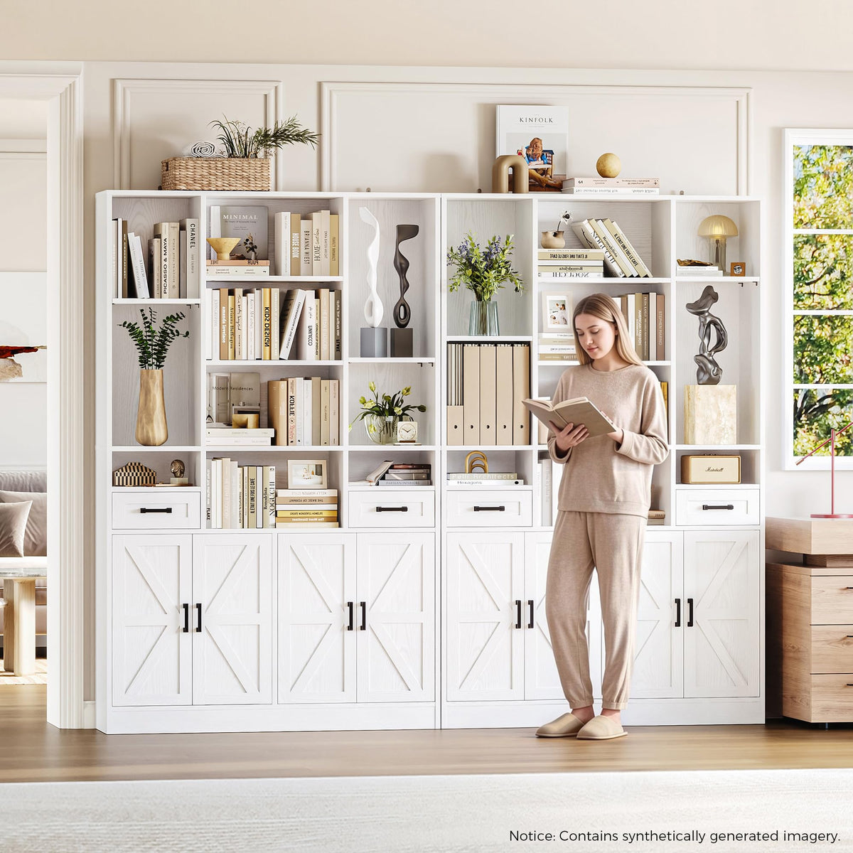IRONCK Bookcase Bookshelf with Doors & Drawers 190cm Tall Living Room Bookcases,10 Multi-Size Open Compartments, Free Standing Display Shelf - image 2