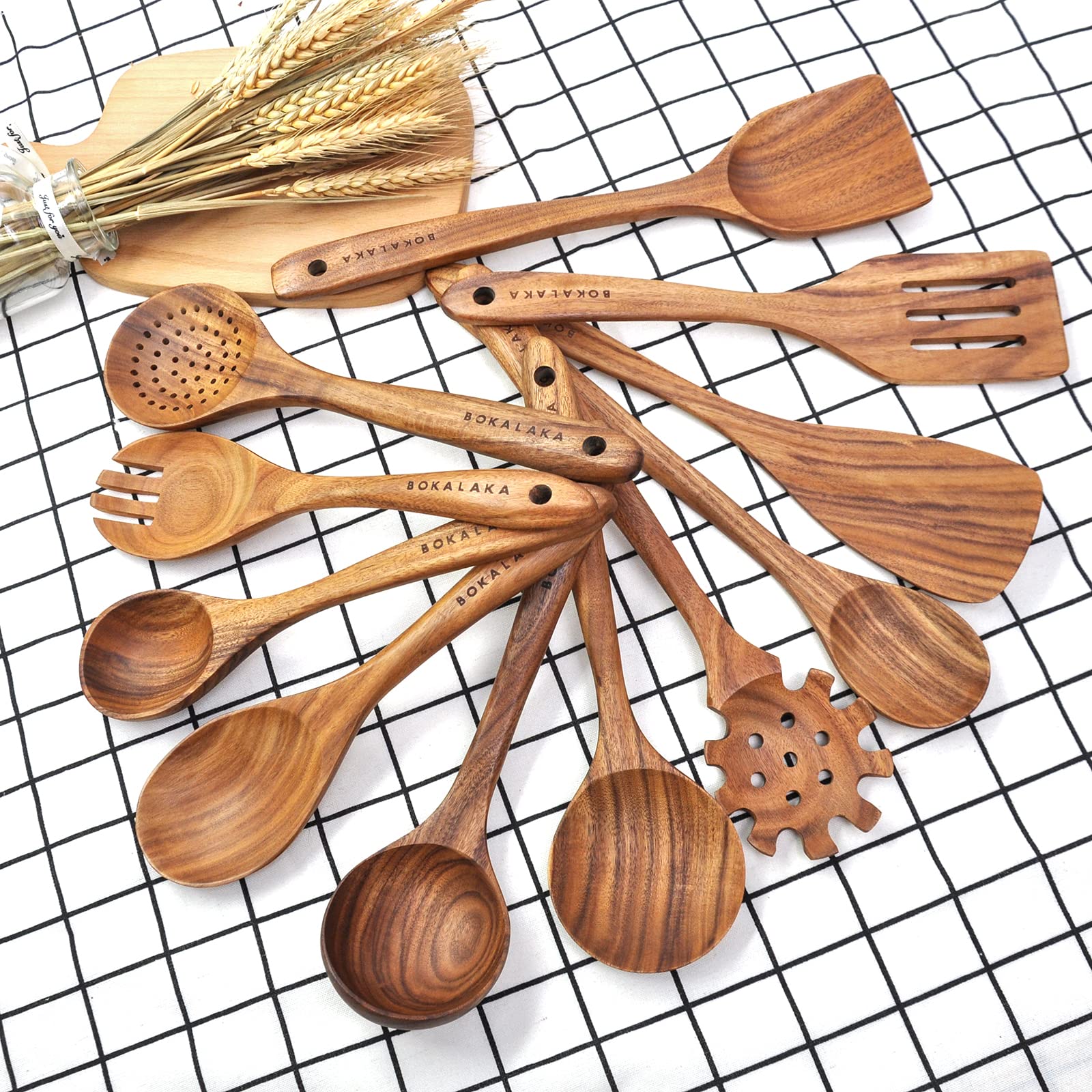 BOKALAKA 11 Pcs Natural Teak Wooden Kitchen Utensils Set for Nonstick Pans
