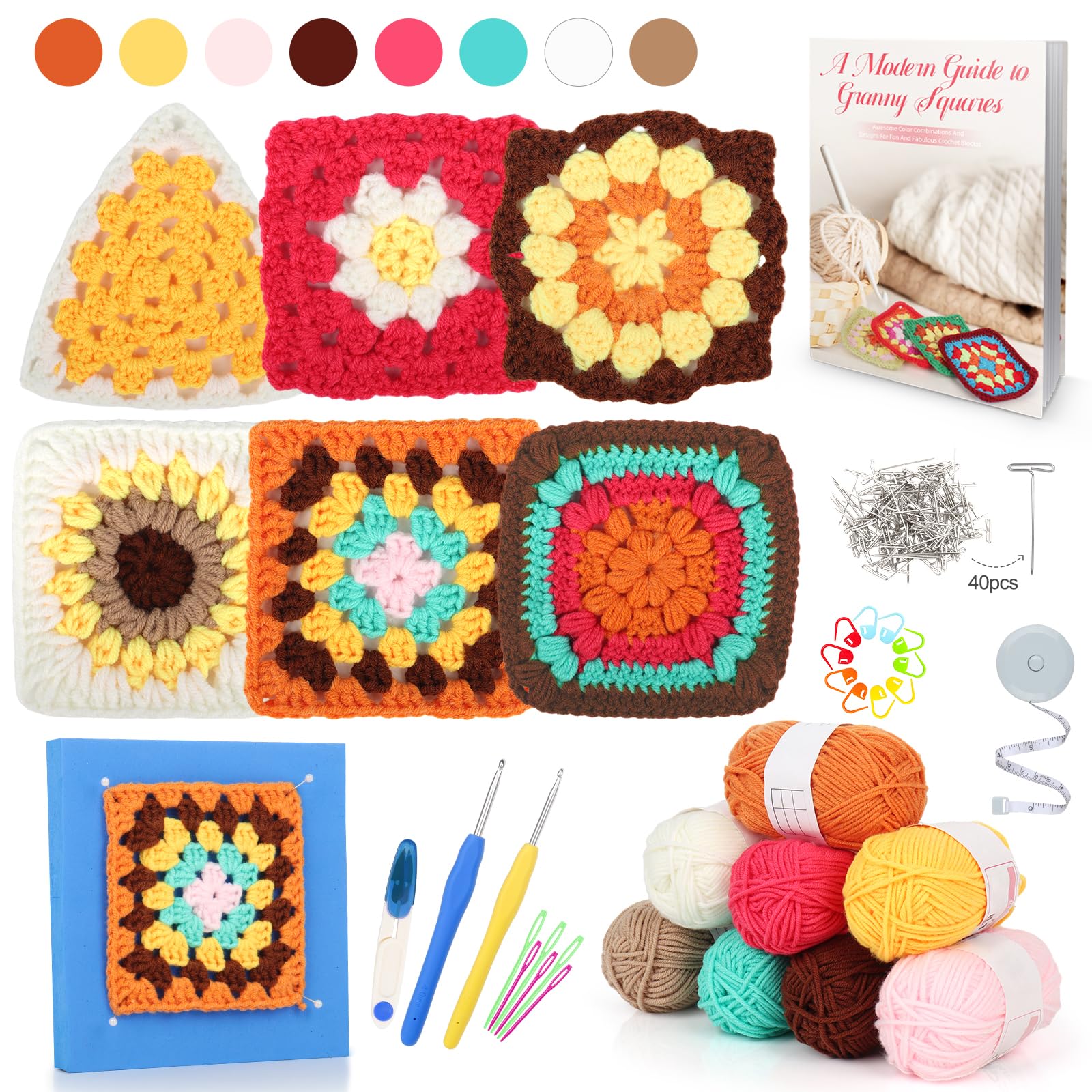 Reessy Granny Square Crochet Kit for Beginners - 8 Colors Yarn & Tools