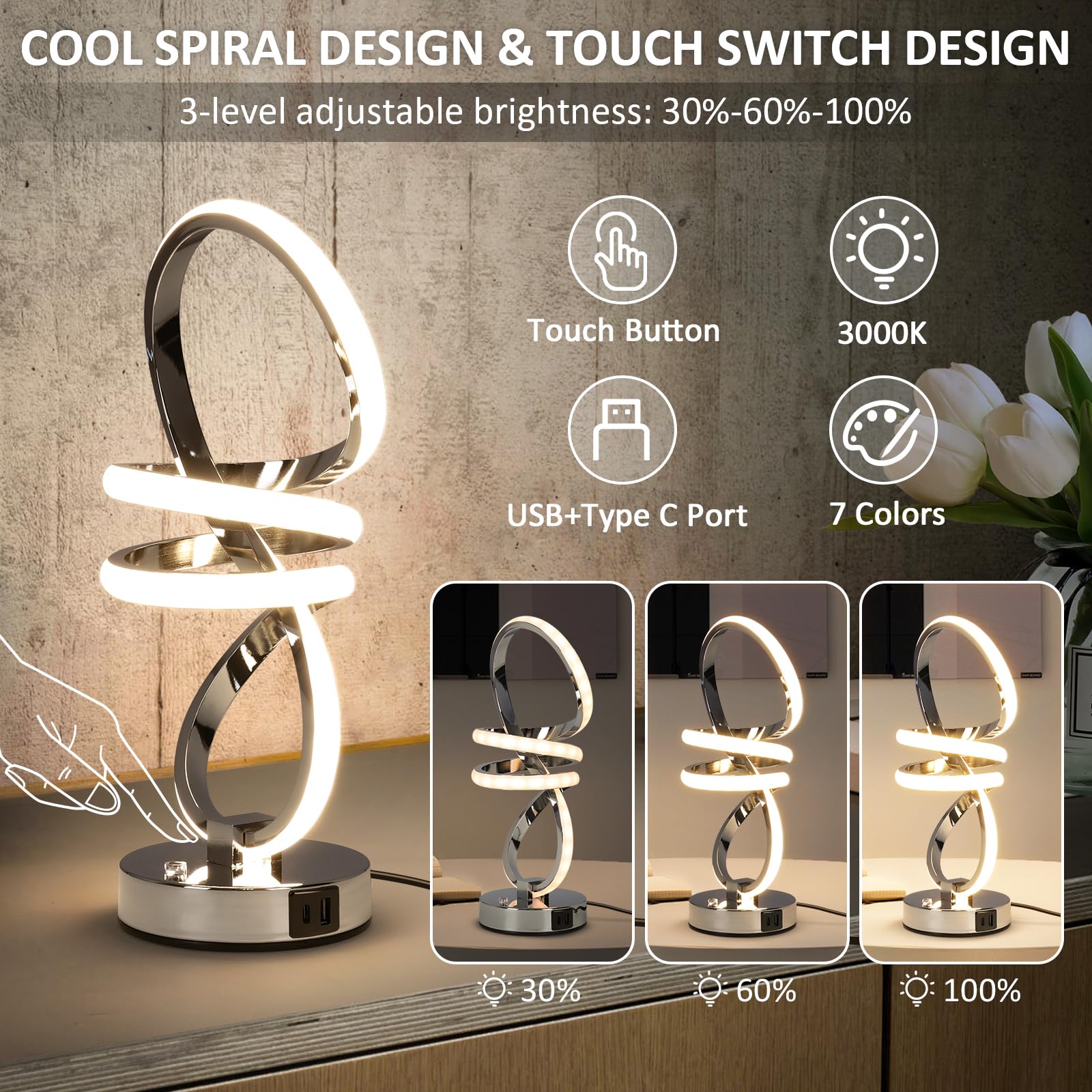 EIDISUNY RGB Bedside Table Lamp – Dimmable Touch Control with USB Ports