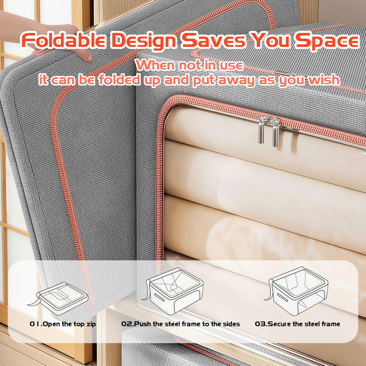 Storage Boxes Organiser, 24L Clothes Storage Boxes with Metal Frame＆Top and Front Opening Zip with Clear Window,Fabric Foldable Storage Boxes - image 5
